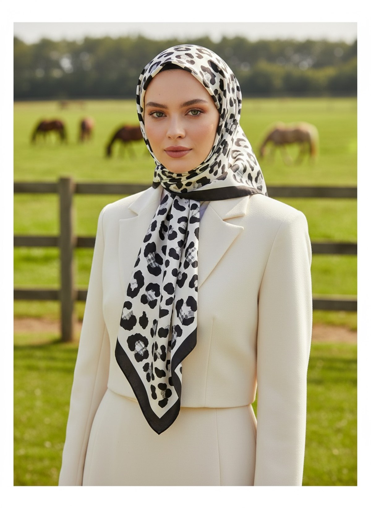 %100 Twill İpek Leopar Desenli Krem - Siyah Renkli 90x90 Eşarp Dikim Şekli : El Dikişi