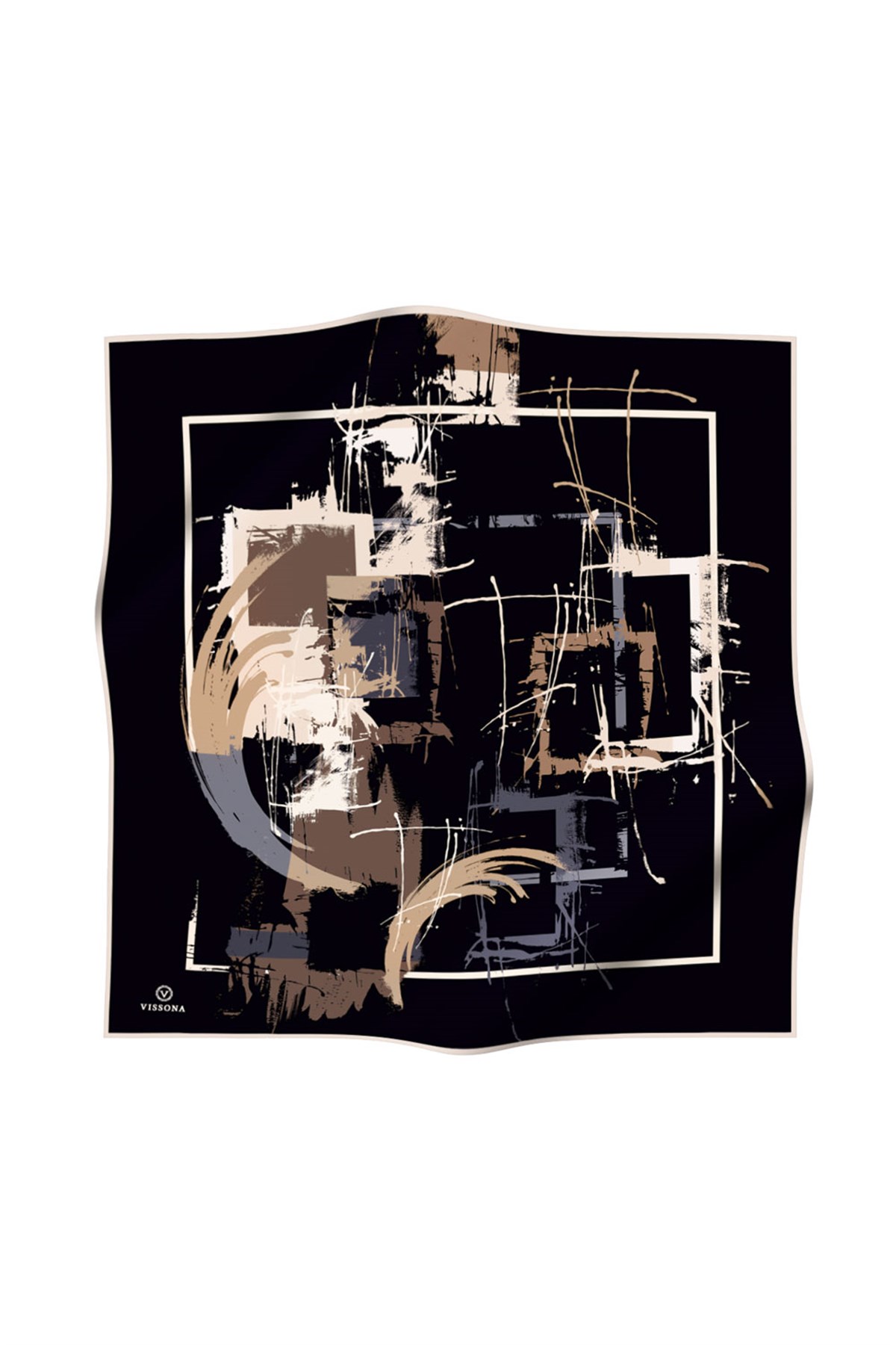 %100 Twill İpek Geometrik Desenli Bej - Gri Renkli 90x90 Eşarp Dikim Şekli : El Dikişi