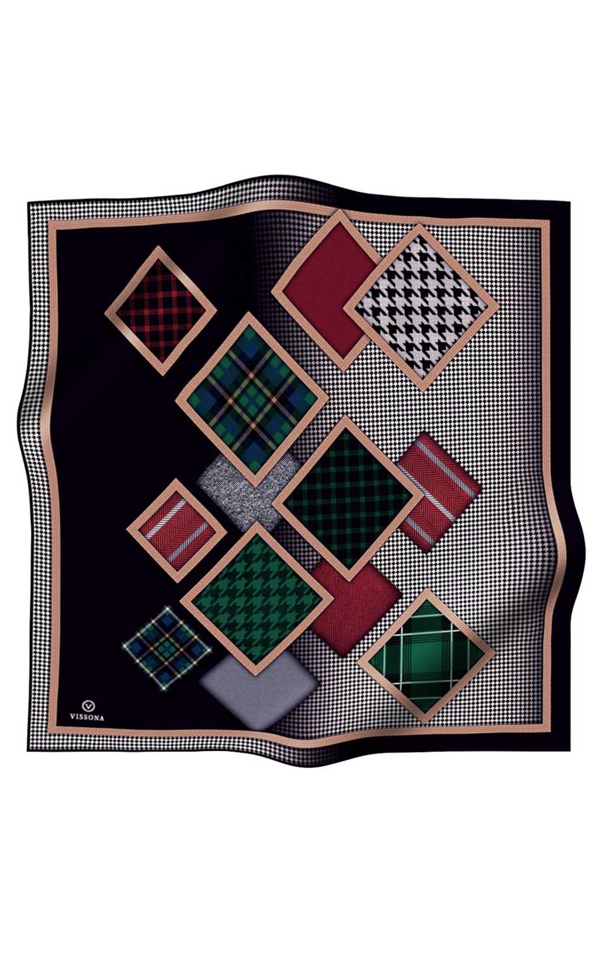 %100 Twill İpek Kazakayaklı Ve Ekose Desenli Siyah - Zümrüt Yeşili Renkli 90x90 Eşarp Dikim Şekli : El Dikişi