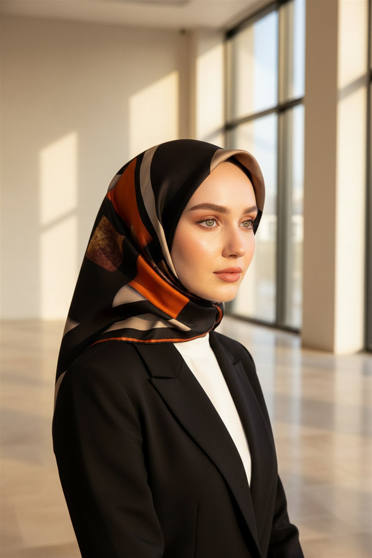 %100 Twill İpek Karo Desenli Bej - Taba Renkli 90x90 Eşarp Dikim Şekli : El Dikişi