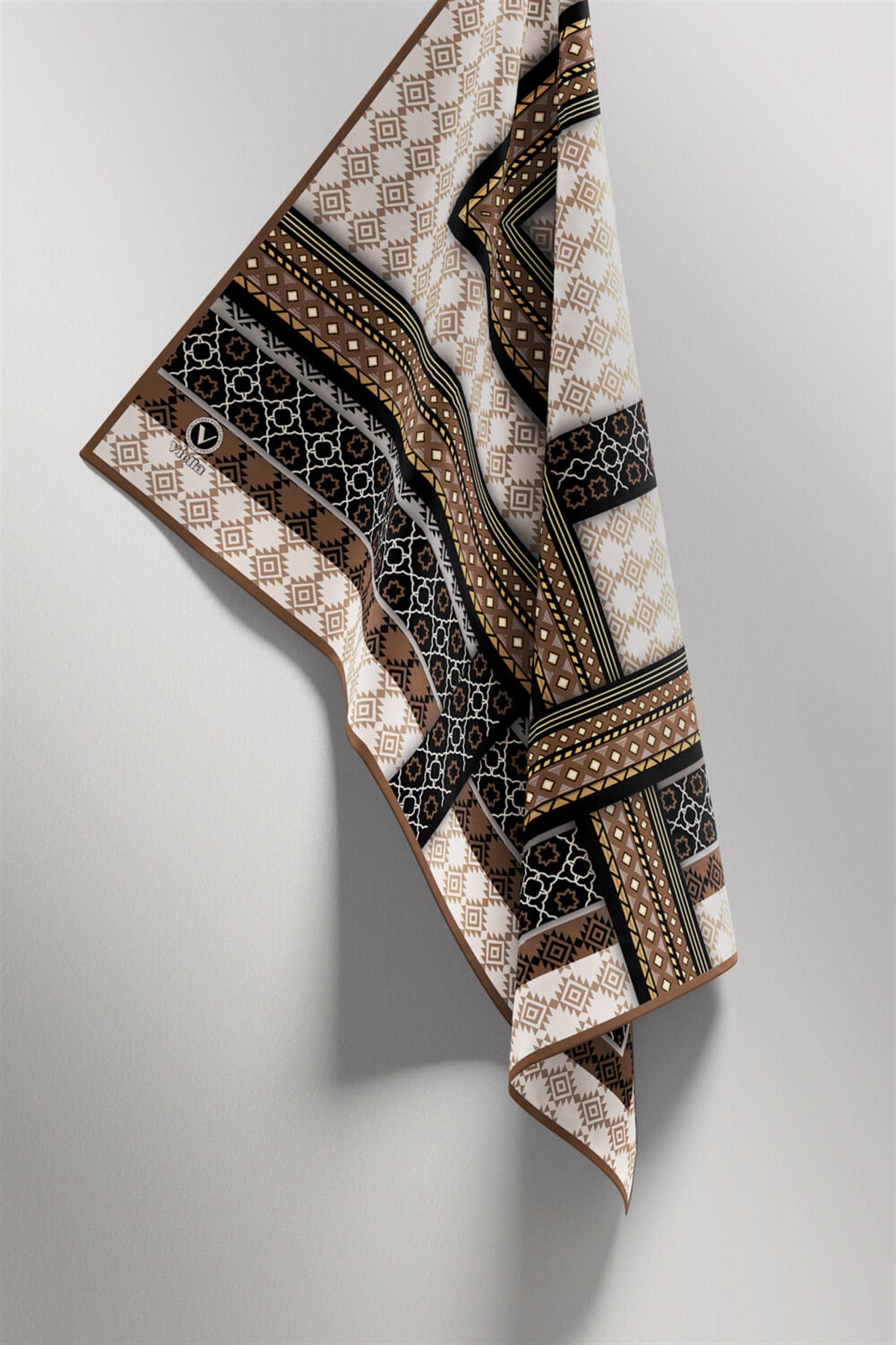 Twill Etnik Desenli Vizon Renkli 90x90 Eşarp (İpek İçermez) Kenar Dikiş Şekli El Dikişli