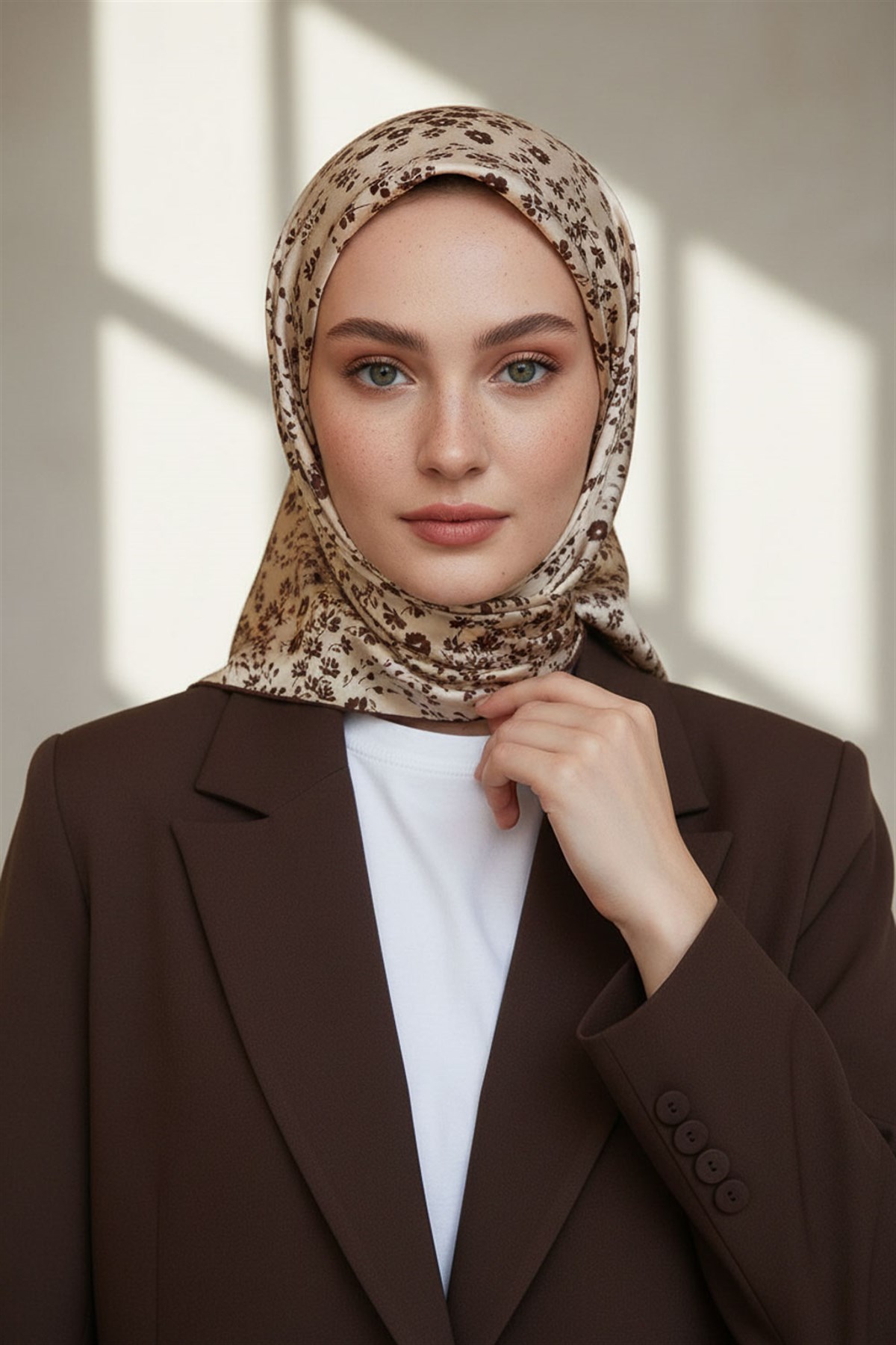 %100 Twill İpek Çıtır Çiçek Desenli Bej - Kahverengi Renkli 90x90 Eşarp Dikim Şekli : El Dikişi