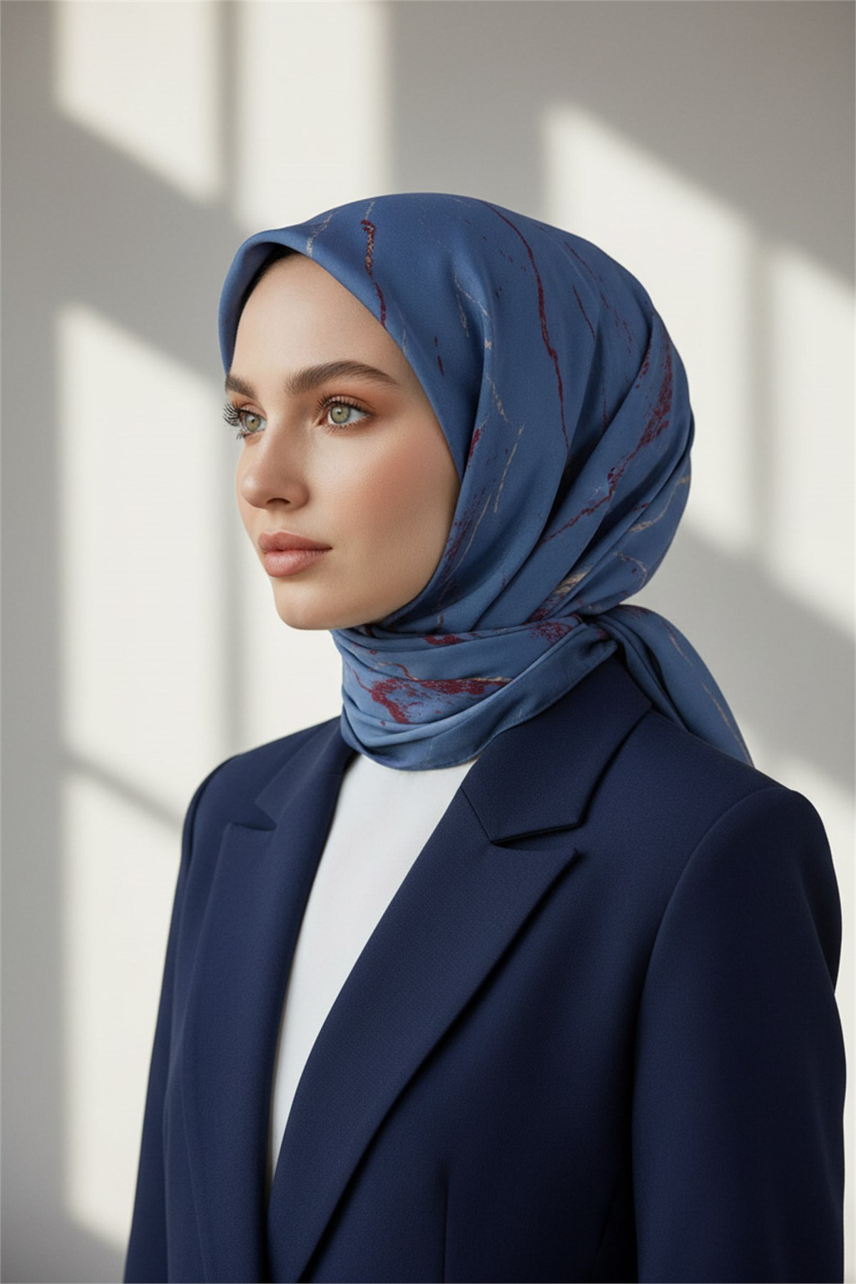 KREP MERMER DESENLİ İNDİGO RENKLİ 75X195 KIRIŞMAZ ŞAL