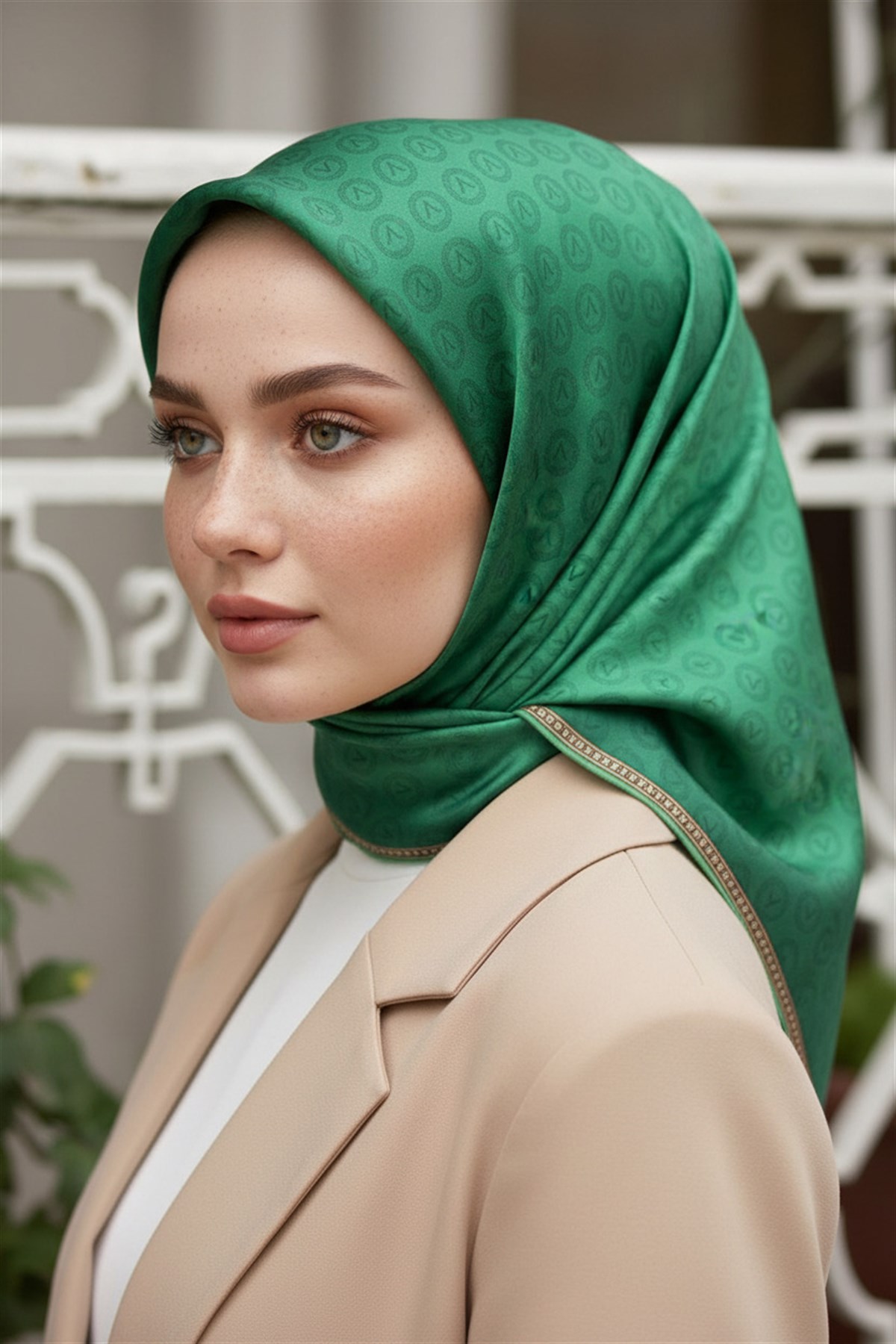 % 57 İPEK % 43 VİSKON Twill İpek Monogram Desenli Zümrüt Yeşili Renkli 90x90 Eşarp Dikim Şekli : El Dikişi