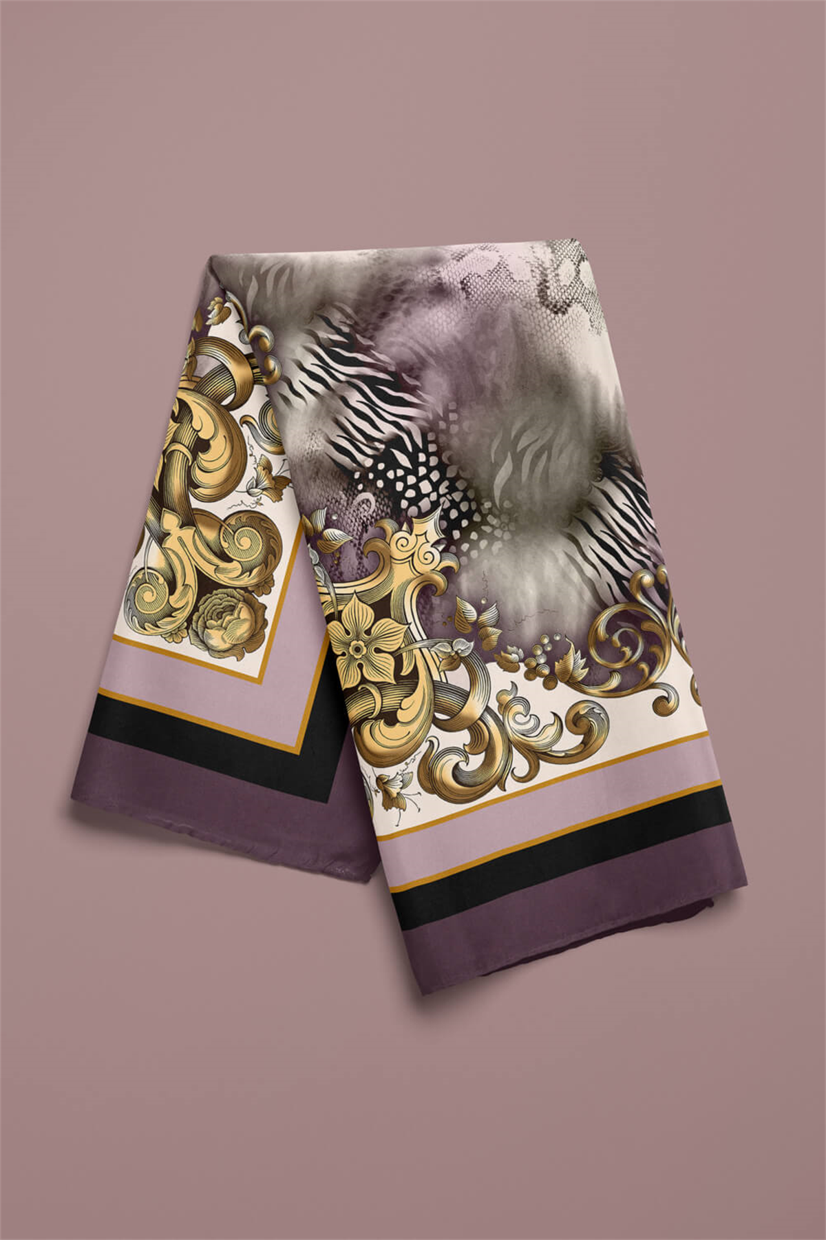 D118 Kadın Vintage Desenli Bandana 50x50 Mor DG0223-22