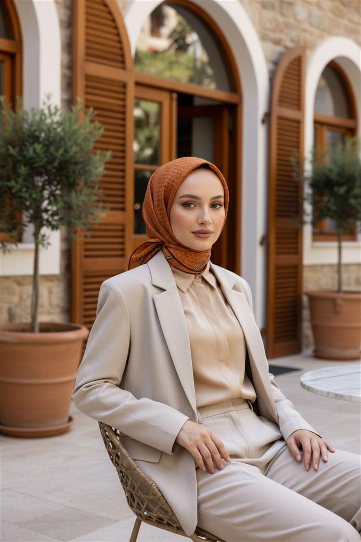 %57 İPEK %43 VİSKON Twill İpek Zincir Desenli Taba - Gold Renkli 90x90 Eşarp Dikim Şekli : El Dikişi