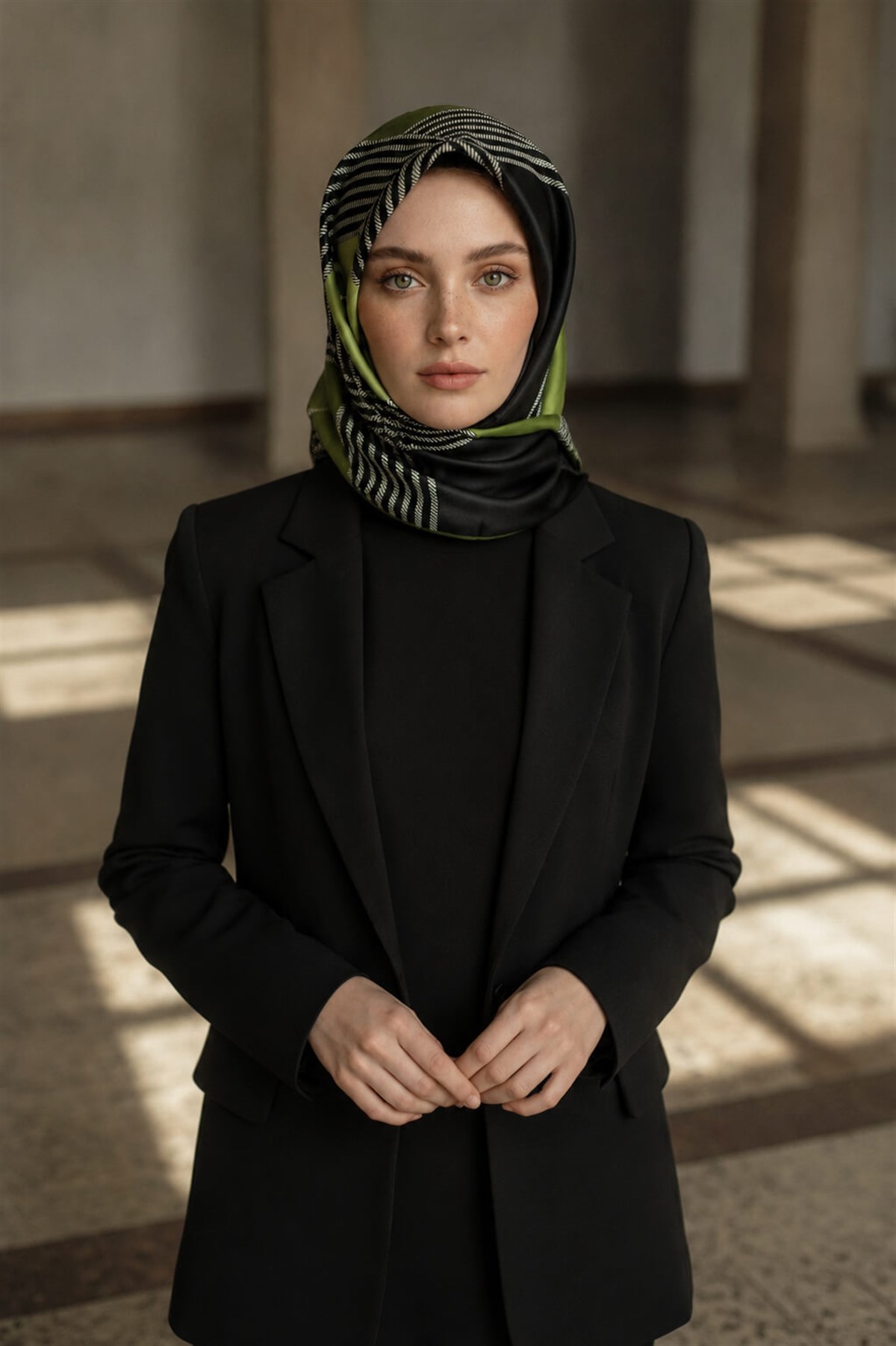 % 57 İPEK % 43 VİSKON Twill İpek Geometrik Desenli Haki Renkli 90x90 Eşarp Dikim Şekli : El Dikişi