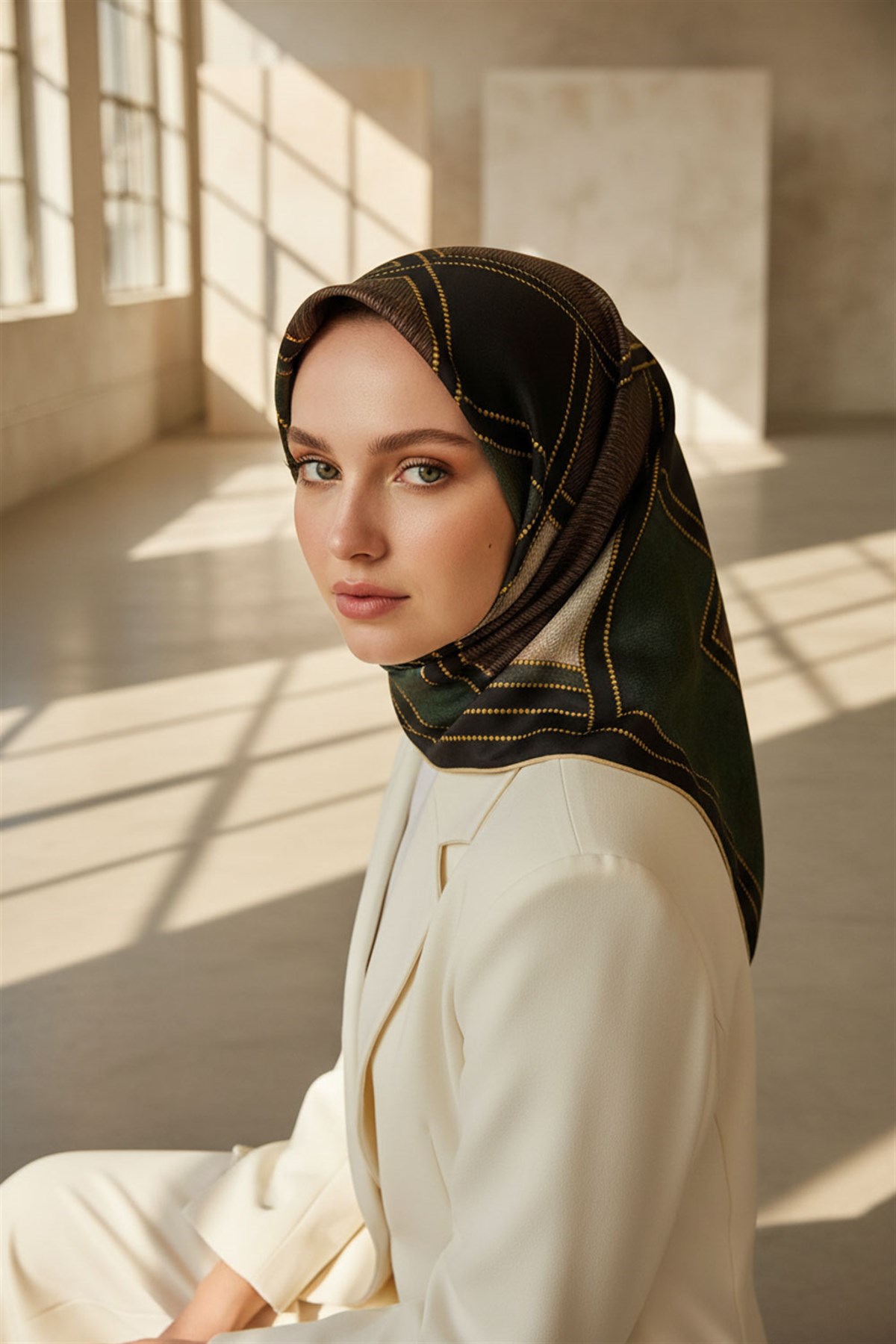 100% Twill İpek Gold Detaylı Kare Desenli Siyah - Zümrüt Yeşili Renkli 90x90 Dikim Şekli : El Dikişi