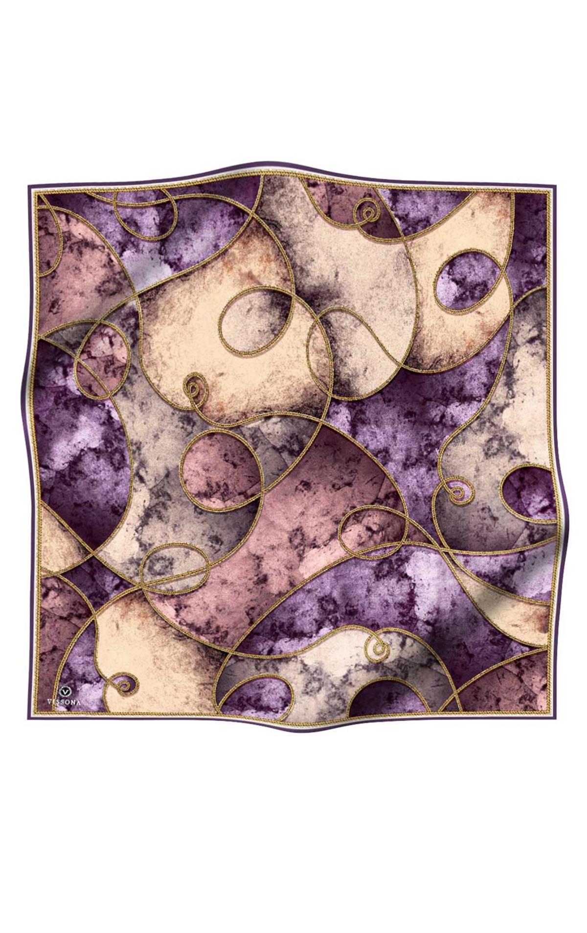 %100 Twill İpek Zincirli Mermer Desenli Mor - Pudra Renkli 90x90 Eşarp Dikim Şekli : El Dikişi