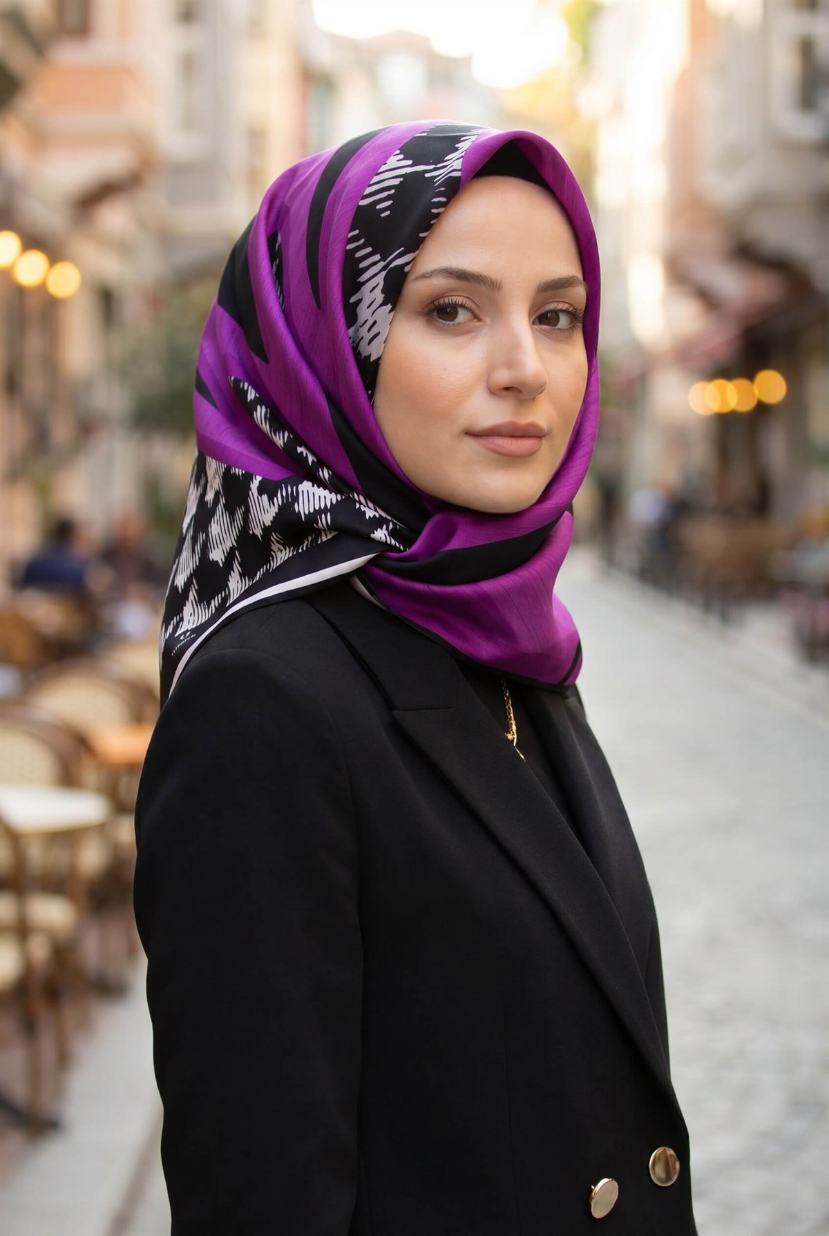 %100 Twill İpek Kazayağı Desenli Fuşya - Siyah Renkli 90x90 Eşarp Kenar Dikiş Şekli El Dikişli