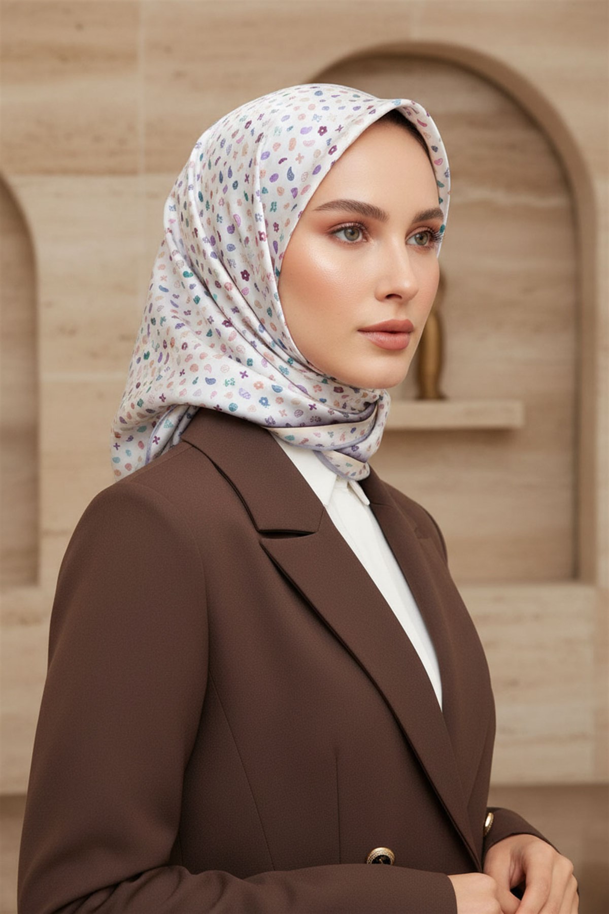 %100 Twill İpek Çıtır Desenli Gümüş - Gri Renkli 90x90 Eşarp Dikim Şekli : El Dikişi
