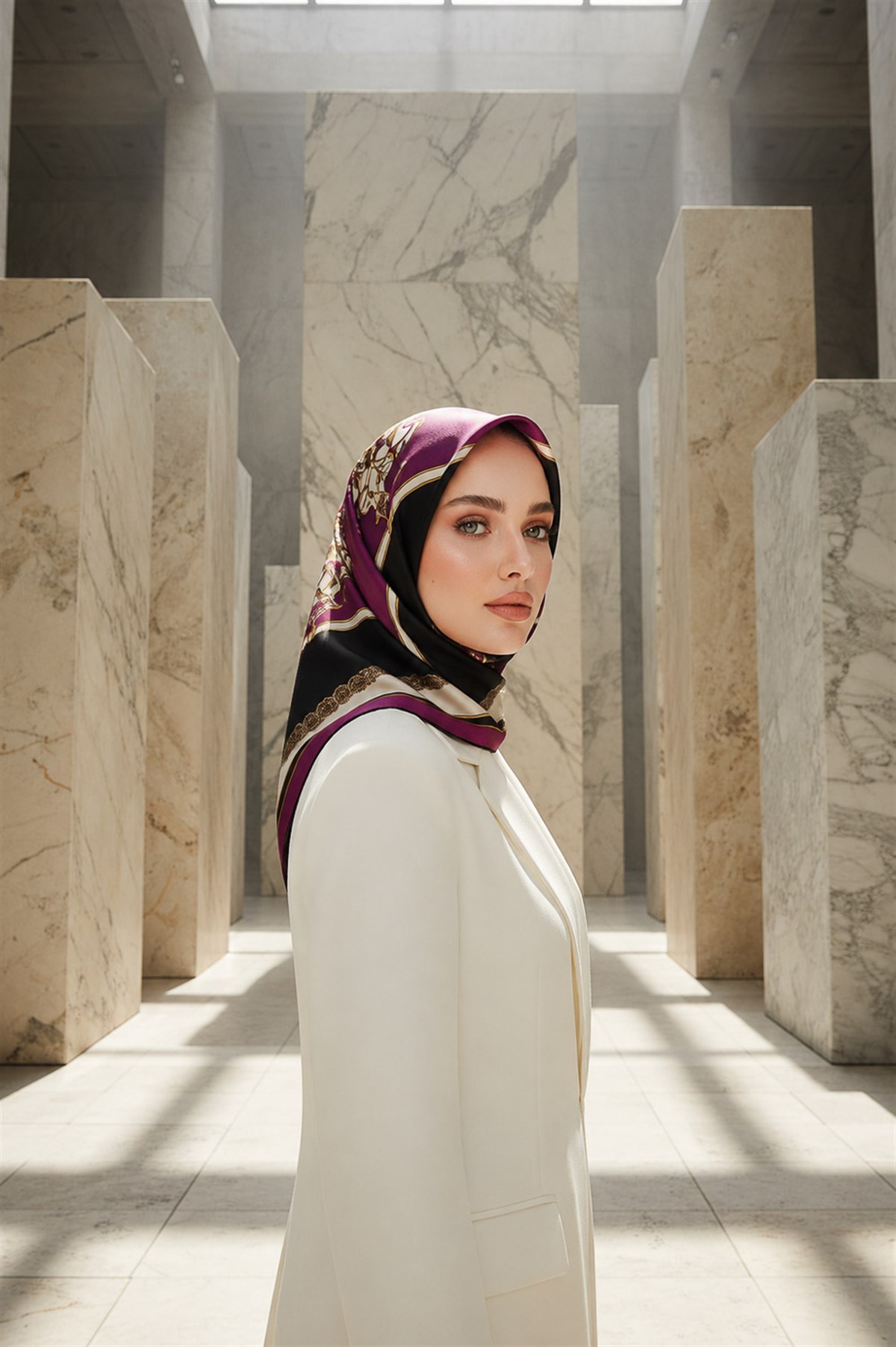 %100 Twill Barok Desenli Mürdüm - Siyah Renkli 90x90 Eşarp Dikim Şekli: El Dikişi
