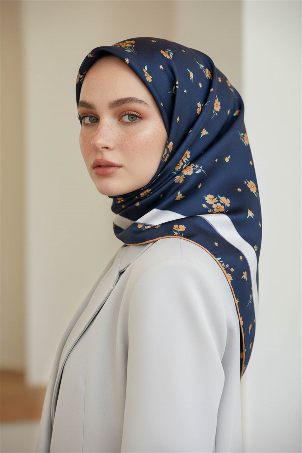 100% Twill İpek Bordürlü Çıtır Çiçek Desenli Lacivert - Gold Renkli 90x90 Dikim Şekli : El Dikişi Eşarp