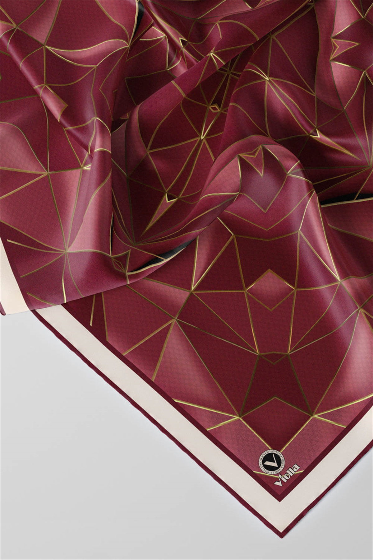 Twill Geometrik Desenli Mürdüm Renkli 90x90 Eşarp (İpek İçermez) Kenar Dikiş Şekli El Dikişli