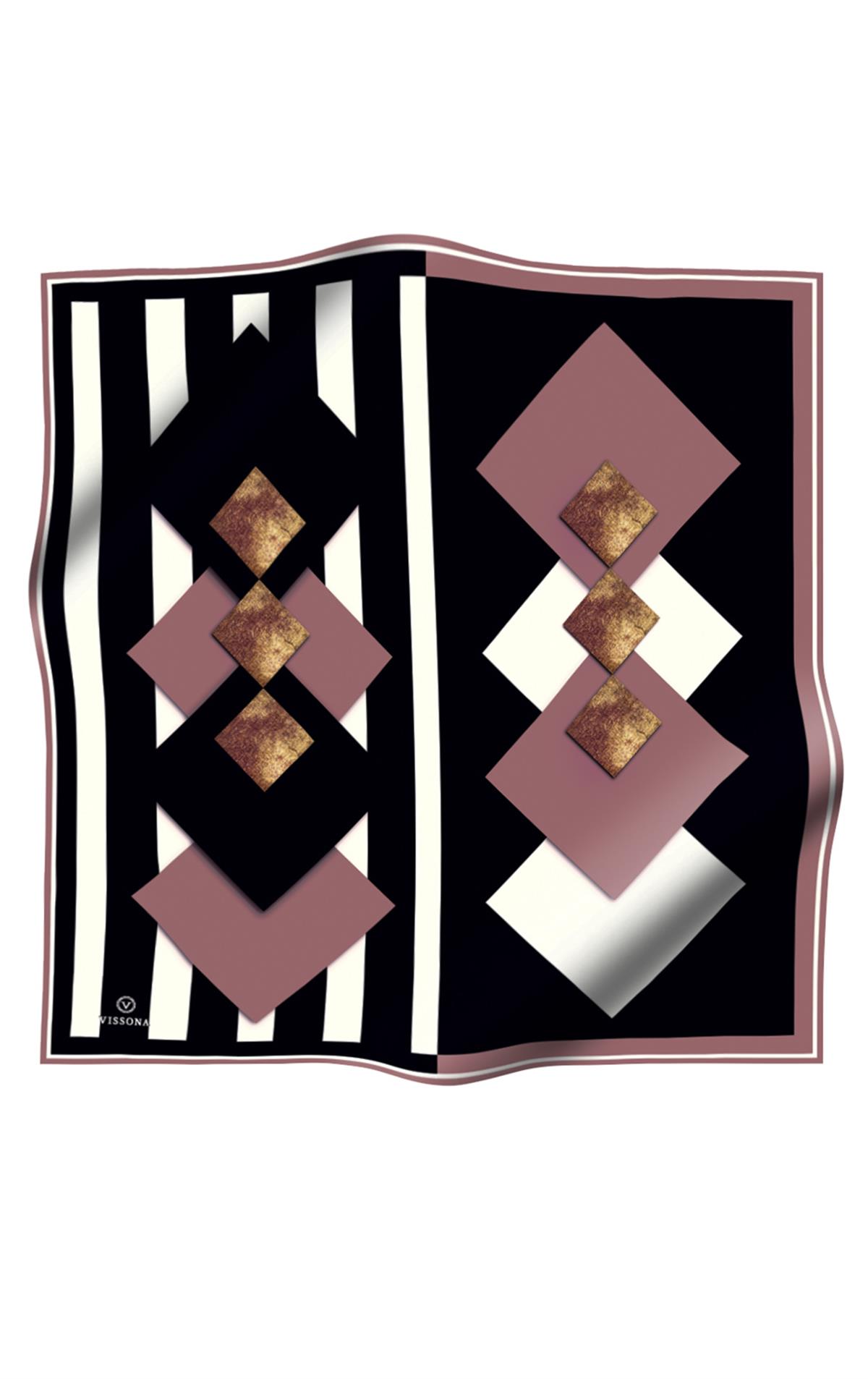 %100 Twill İpek Karo Desenli Pudra - Siyah Renkli 90x90 Eşarp Dikim Şekli : El Dikişi