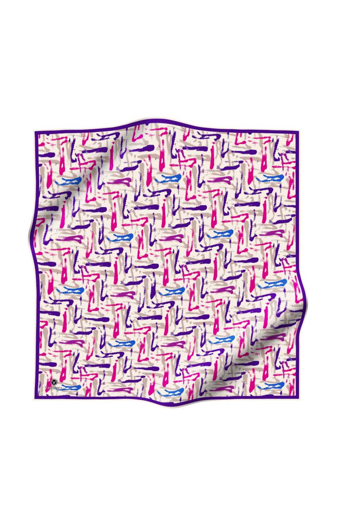 %100 Twill İpek Geometrik Desenli Mor - Fuşya Renkli 90x90 Eşarp Dikim Şekli : El Dikişi