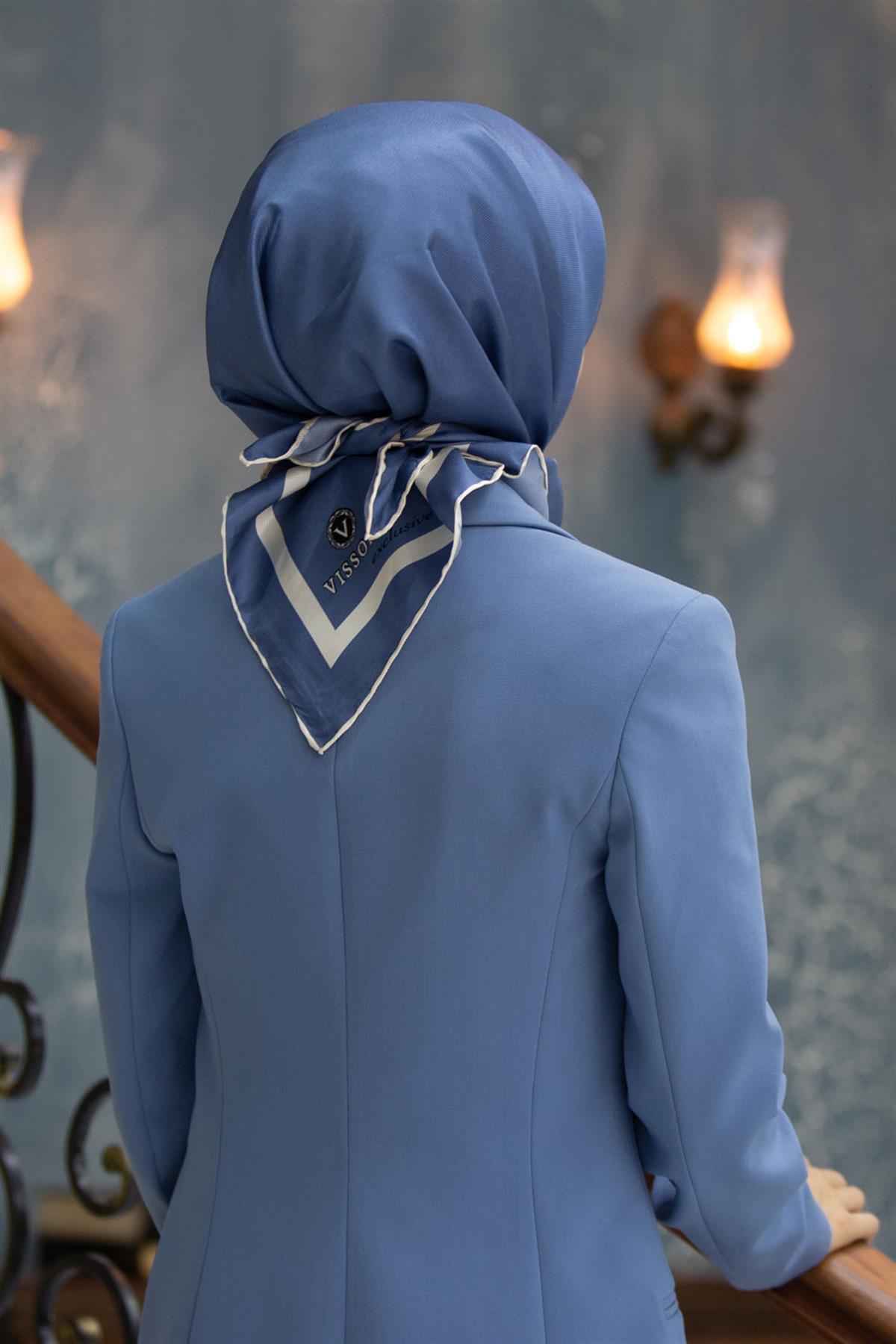 100% Twill İpek Düz Renk Bordür Desenli İndigo - Krem Renkli Daha Tok Exclusive Serisi 90x90 Dikim Şekli : El Dikişi Eşarp