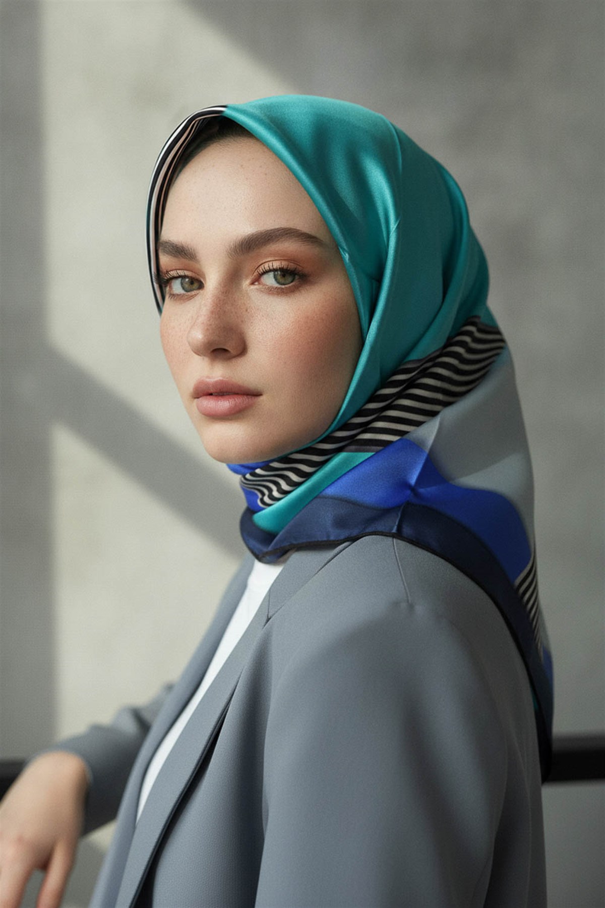 %100 Twill İpek Çizgili ve Geometrik Desenli Saks - Mint Yeşili Renkli 90x90 Eşarp Dikim Şekli : El Dikişi