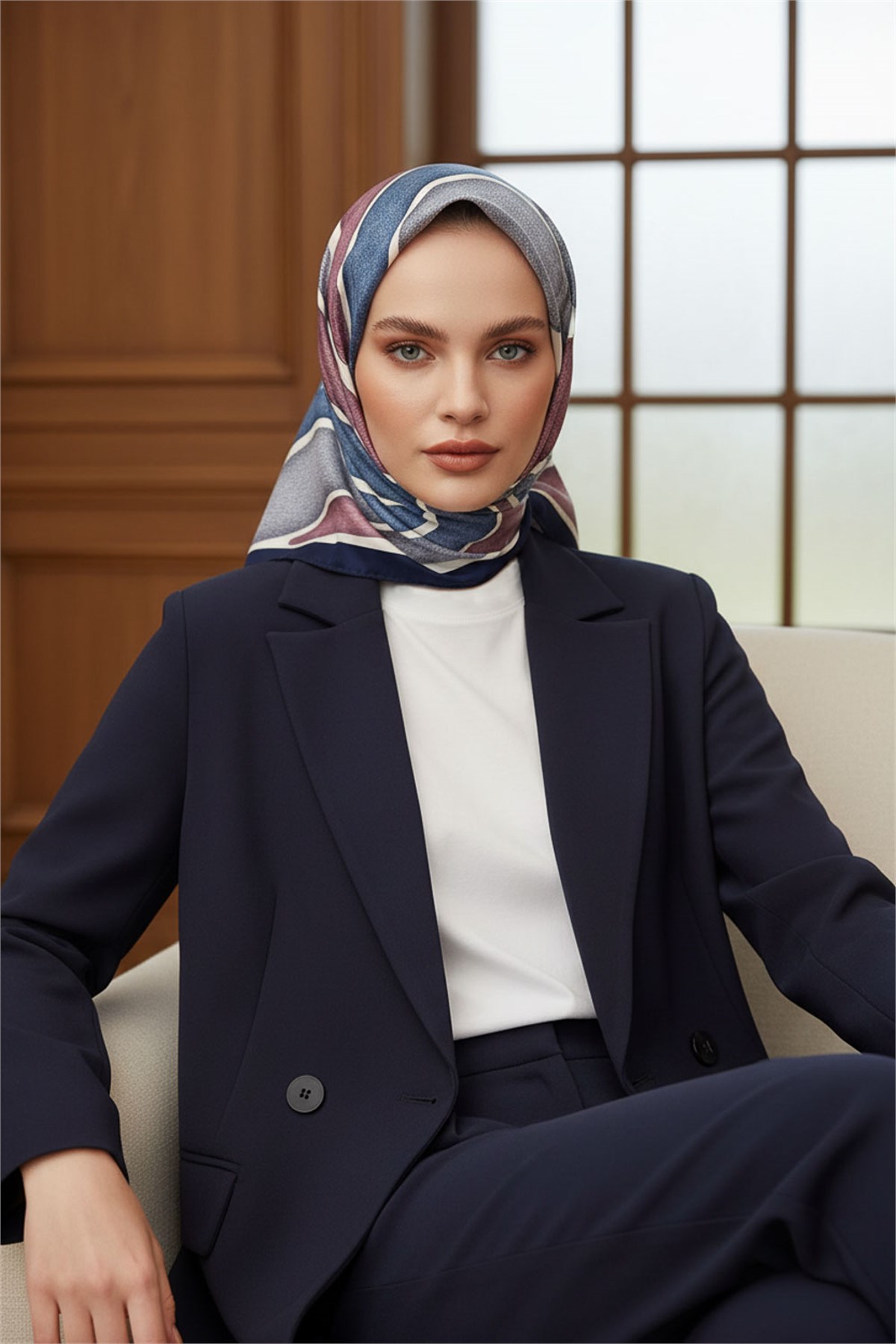 %100 Twill İpek Eşarp 90x90 Soyut Dalga Desenli El Dikişli Kadın Eşarp