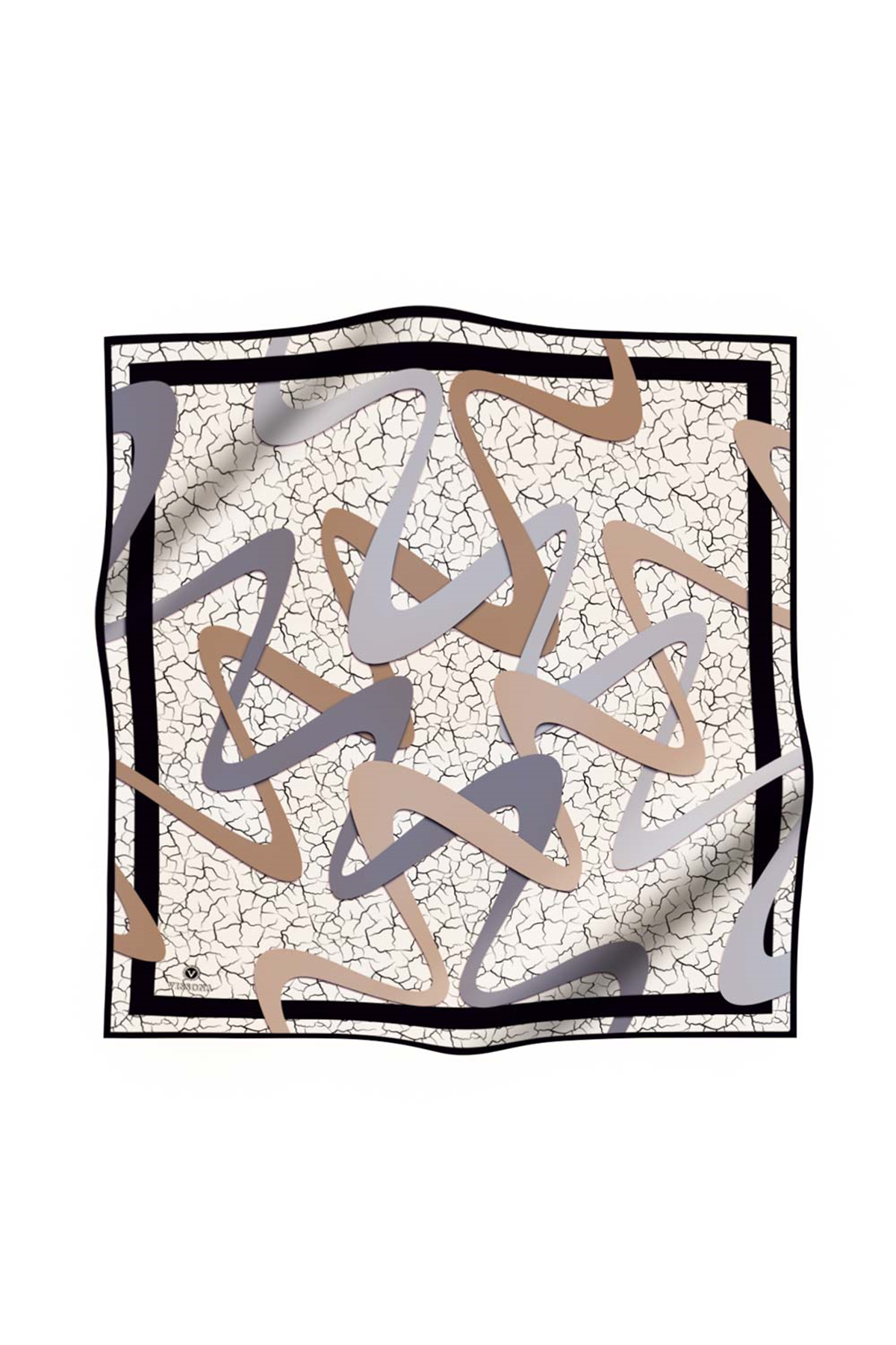 %100 Twill İpek Geometrik Ve Çatlak Desenli Gri - Bej Renkli 90x90 Eşarp Dikim Şekli : El Dikişi