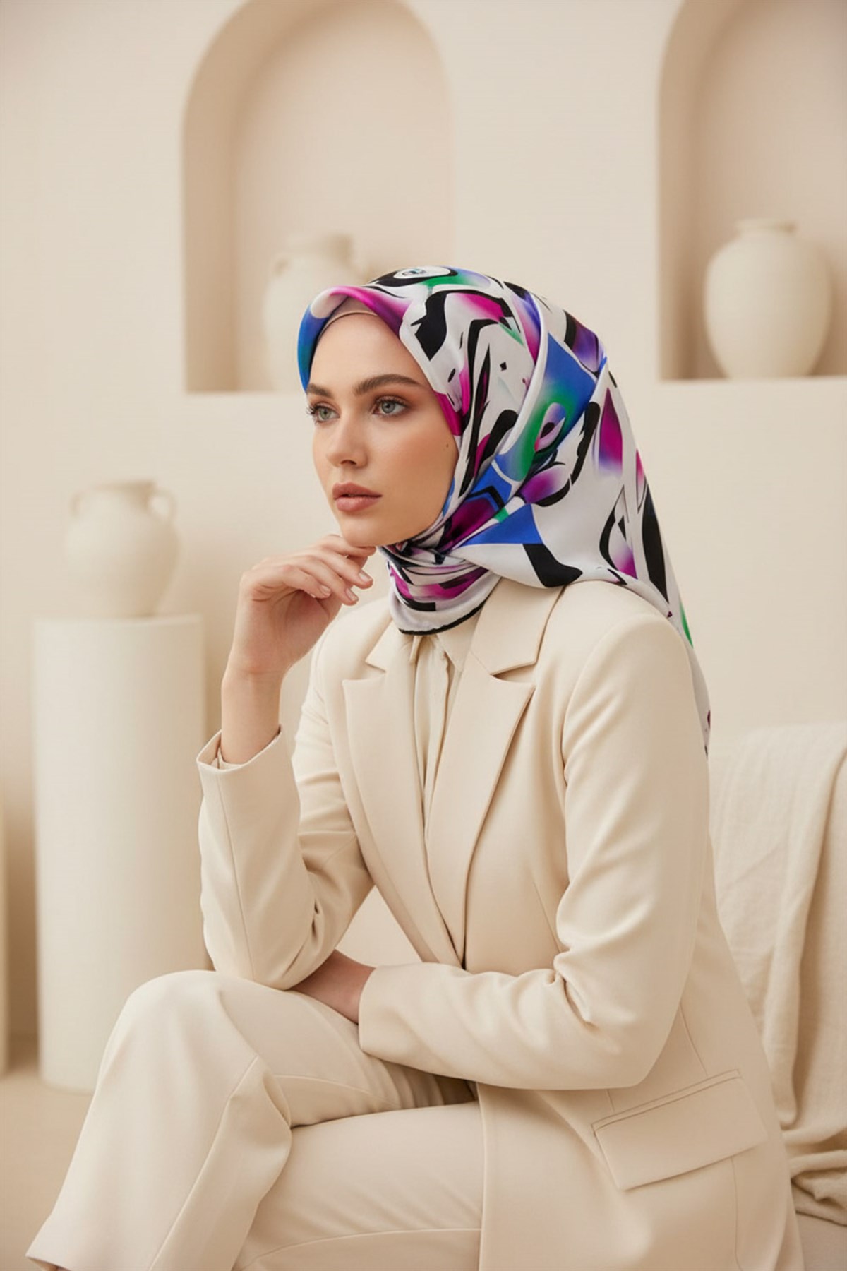 %100 Twill İpek Geometrik Desenli Fuşya - Saks Renkli 90x90 Eşarp Dikim Şekli : El Dikişi