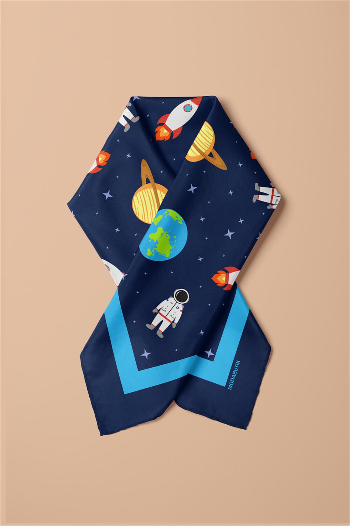 Violla C50 Kadın Lacivert Beyaz Astronot Desenli 50x50 Bandana DG0967-22