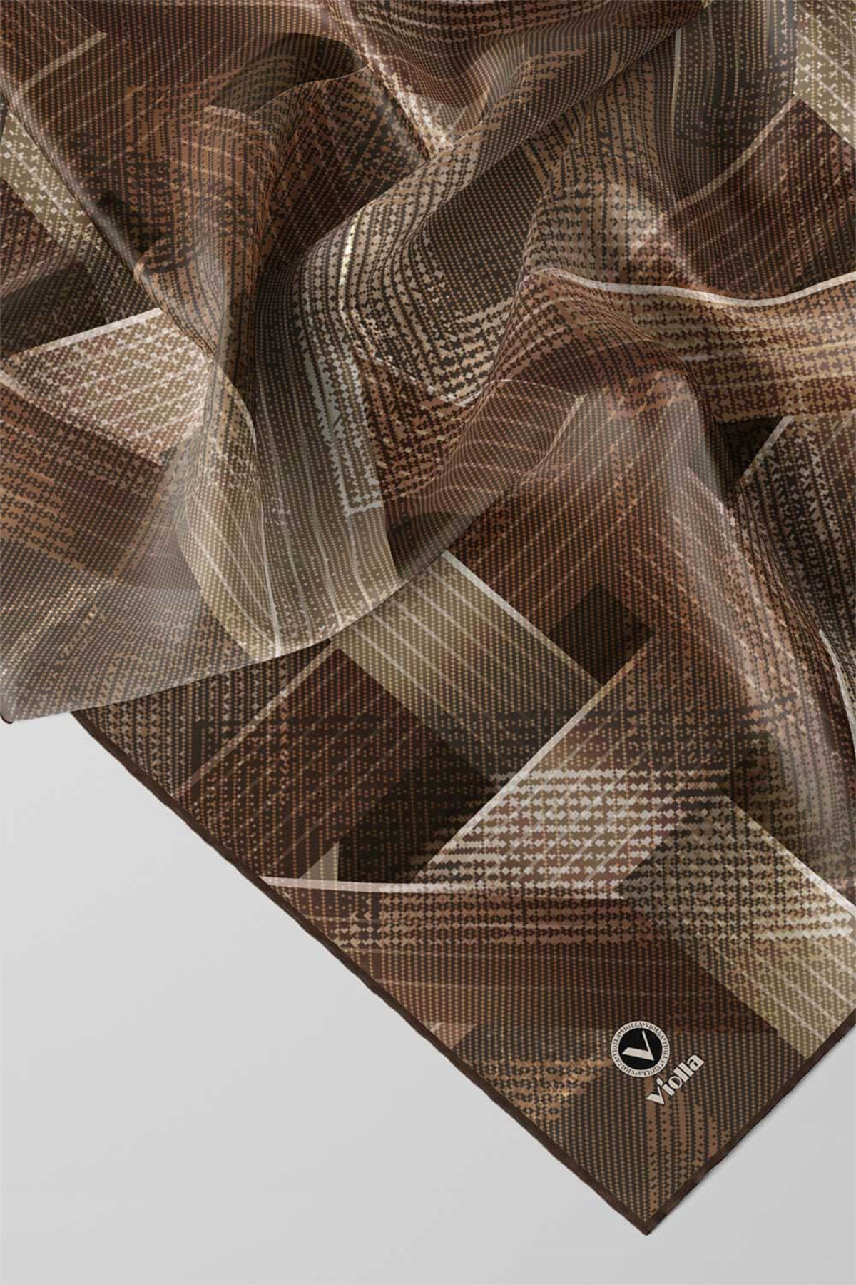 Twill Dokulu Geometrik Desenli Vizon Renkli 90x90 Eşarp (İpek İçermez) Kenar Dikiş Şekli El Dikişli