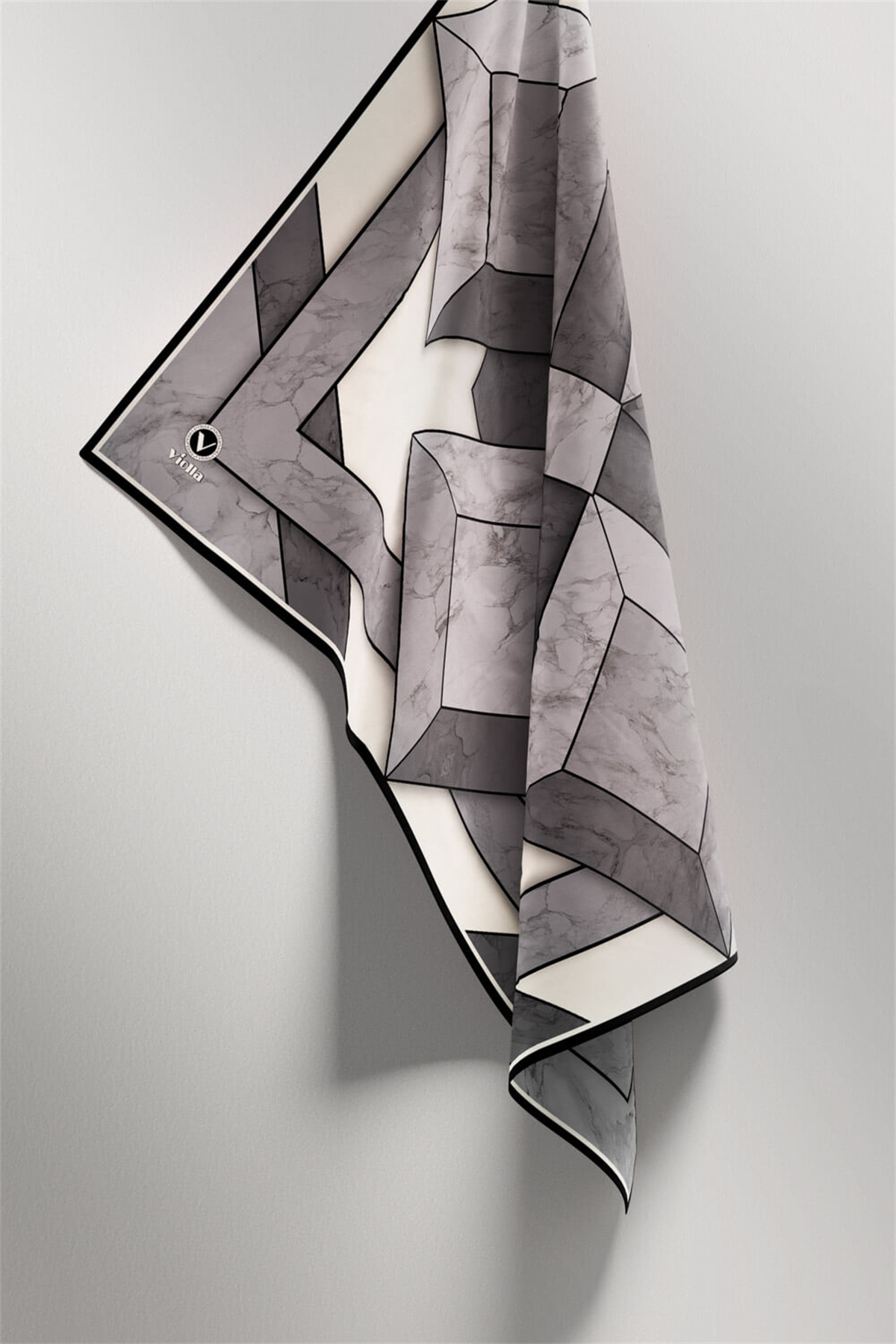 Twill Mermer Desenli Siyah - Krem Renkli 90x90 Eşarp (İpek İçermez) Kenar Dikiş Şekli El Dikişli