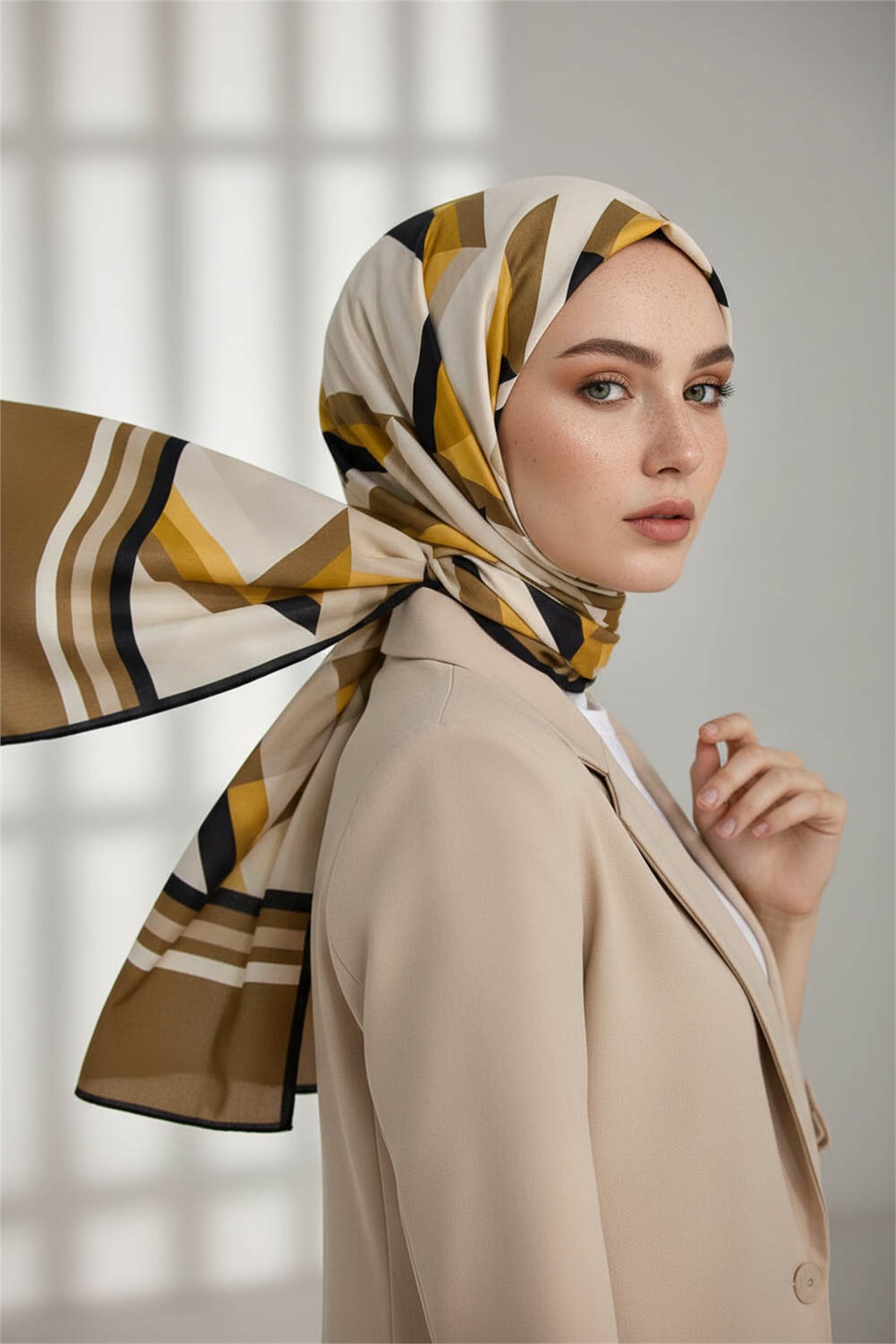 KREP GEOMETRİK DESENLİ BEJ RENKLİ 75X195 KIRIŞMAZ ŞAL
