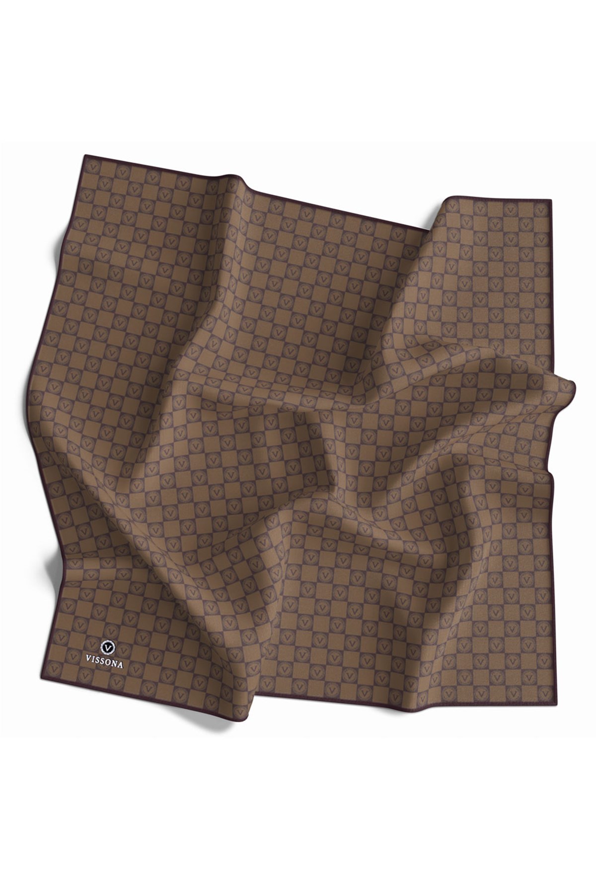 %100 Twill İpek Monogram Desenli Sütlü Kahve Renkli 90x90 Eşarp Dikim Şekli : El Dikişi