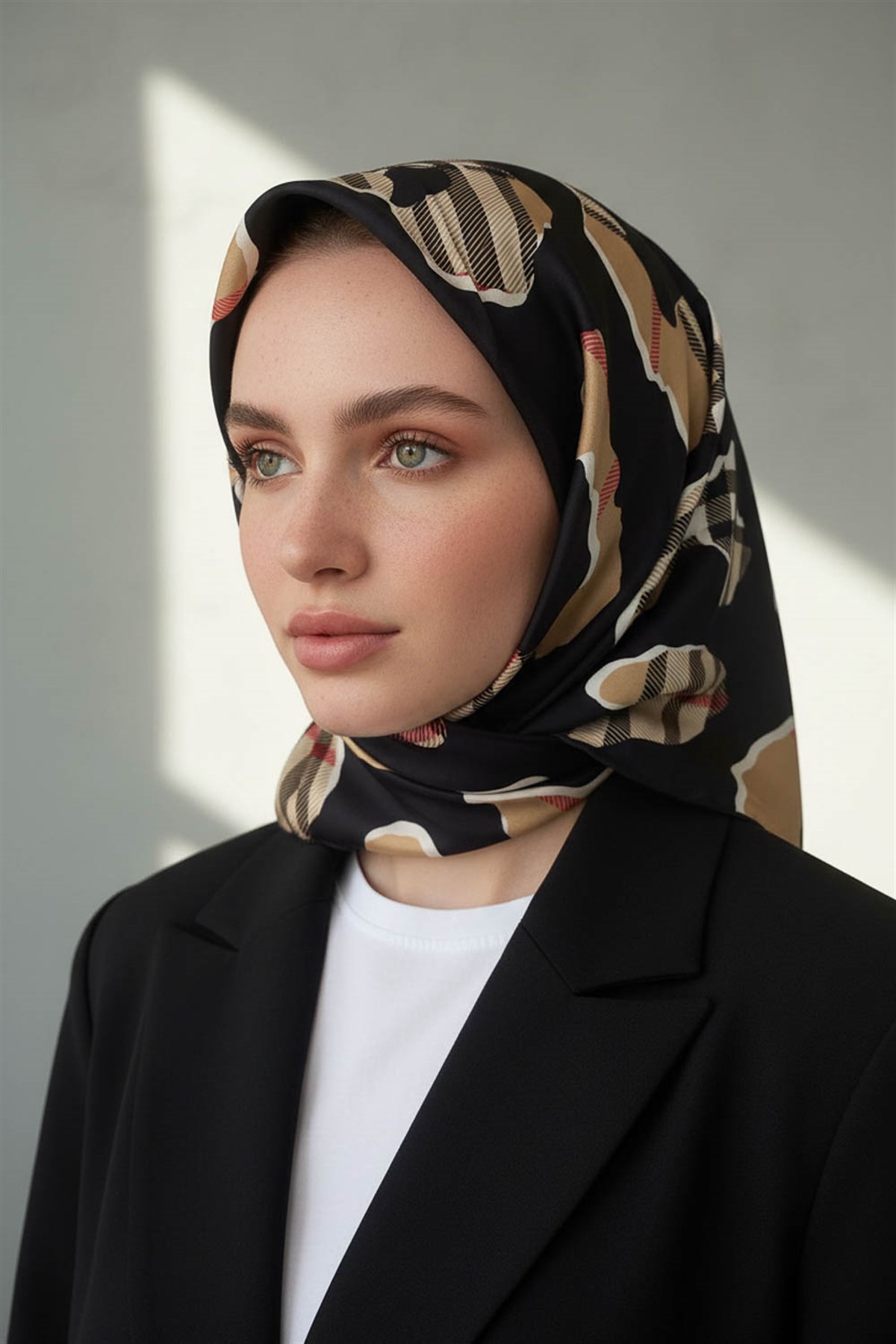 %100 Twill İpek Leopar Desenli Siyah - Bej Renkli 90x90 Eşarp Dikim Şekli : El Dikişi
