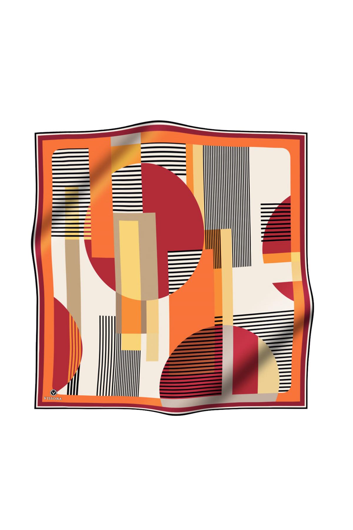 100% Twill İpek Geometrik Desenli Taba - Bej Renkli 90x90 Dikim Şekli : El Dikişi Eşarp