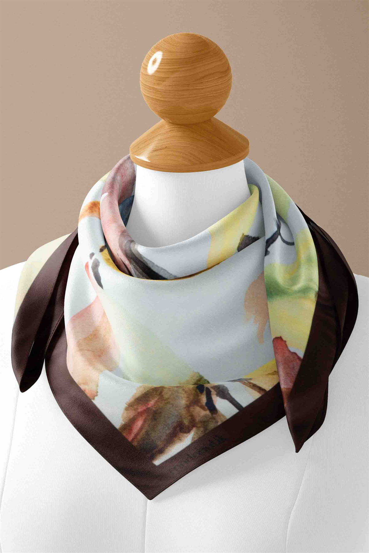 B108 Kadın Yaprak Desenli Bandana 50x50 Yeşil Kahverengi DG0443-22 Snz