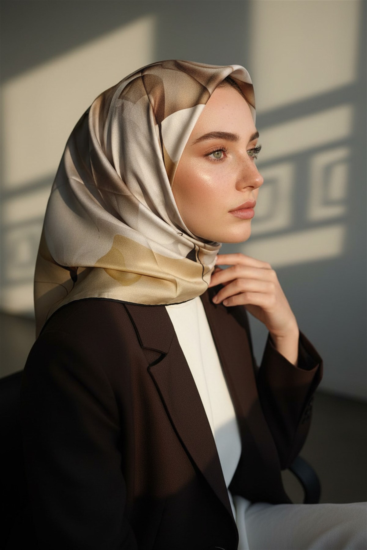 %100 Twill İpek Büyük Çiçek Desenli Sütlü Kahve - Vizon Renkli 90x90 Eşarp Dikim Şekli : El Dikişi