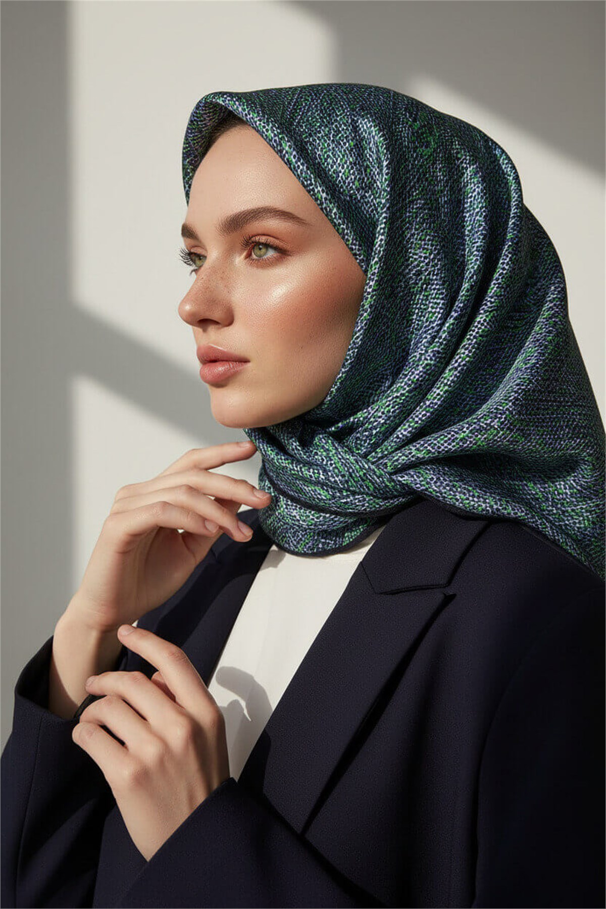 %100 Twill İpek Dokulu Desen Saks - Zümrüt Yeşili Renkli 90x90 Eşarp Kenar Dikiş Şekli El Dikişli