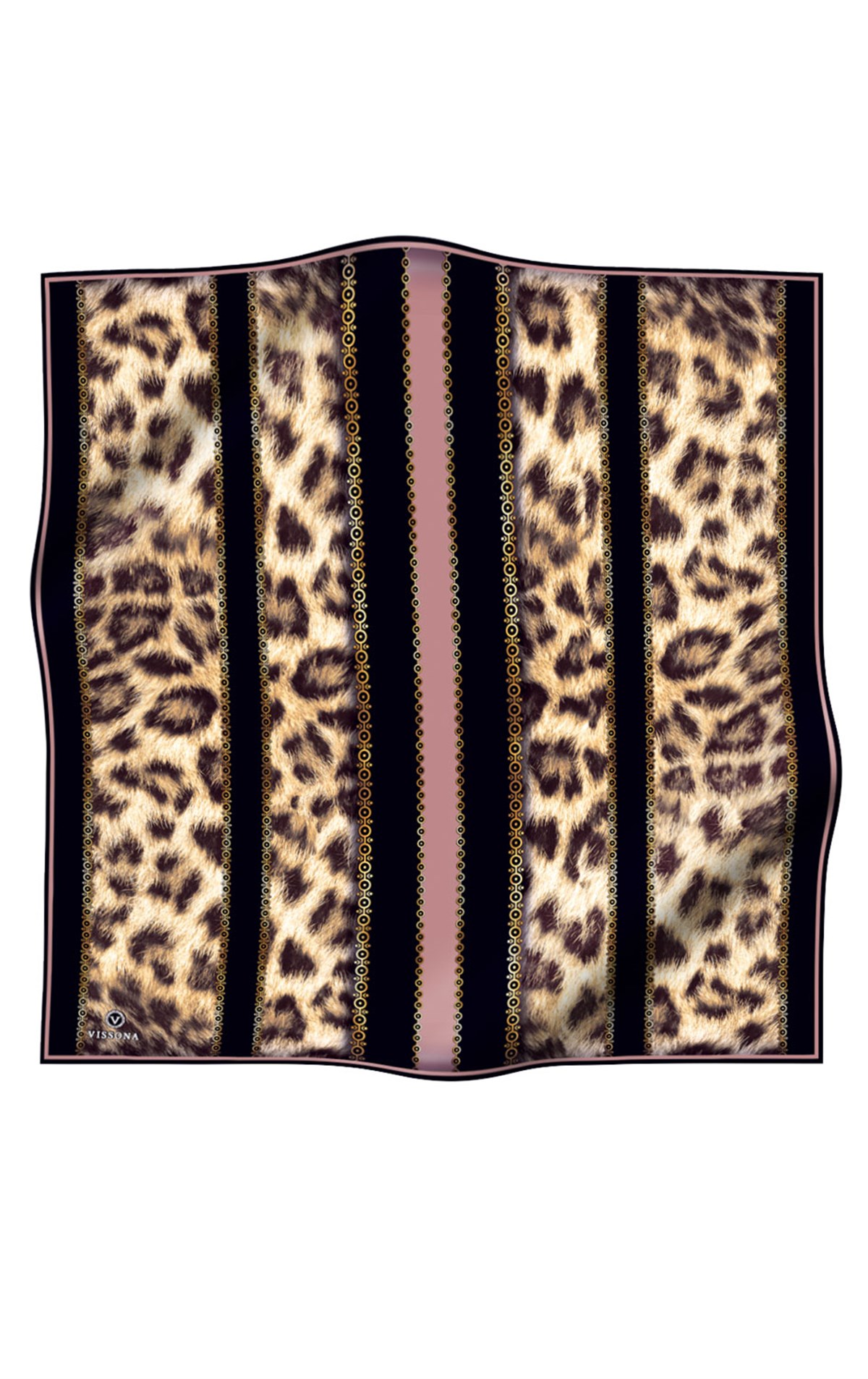 %100 Twill İpek Leopar Desenli Pudra - Siyah Renkli 90x90 Eşarp Dikim Şekli : El Dikişi