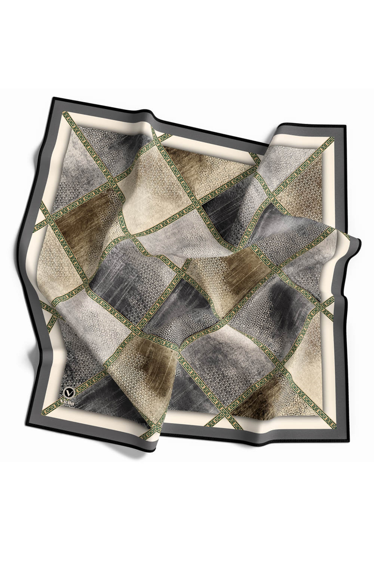 Twill Geometrik Desenli Gri Renkli 90x90 Eşarp (İpek İçermez) Kenar Dikiş Şekli El Dikişli