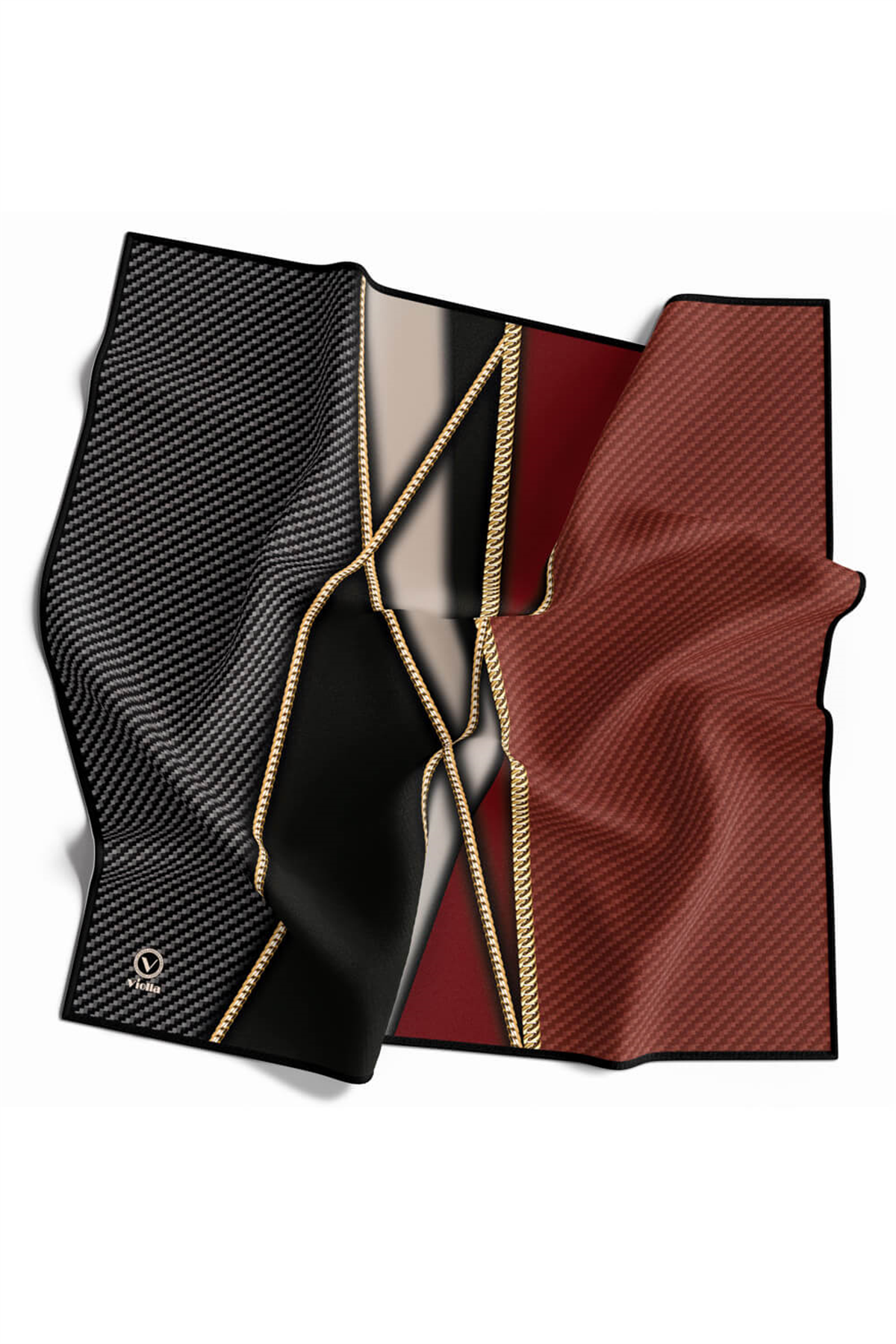 Rayon Gold Detaylı Geometrik Desenli Bordo Renkli 90x90 Eşarp (İpek İçermez) Kenar Dikiş Şekli El Dikişli