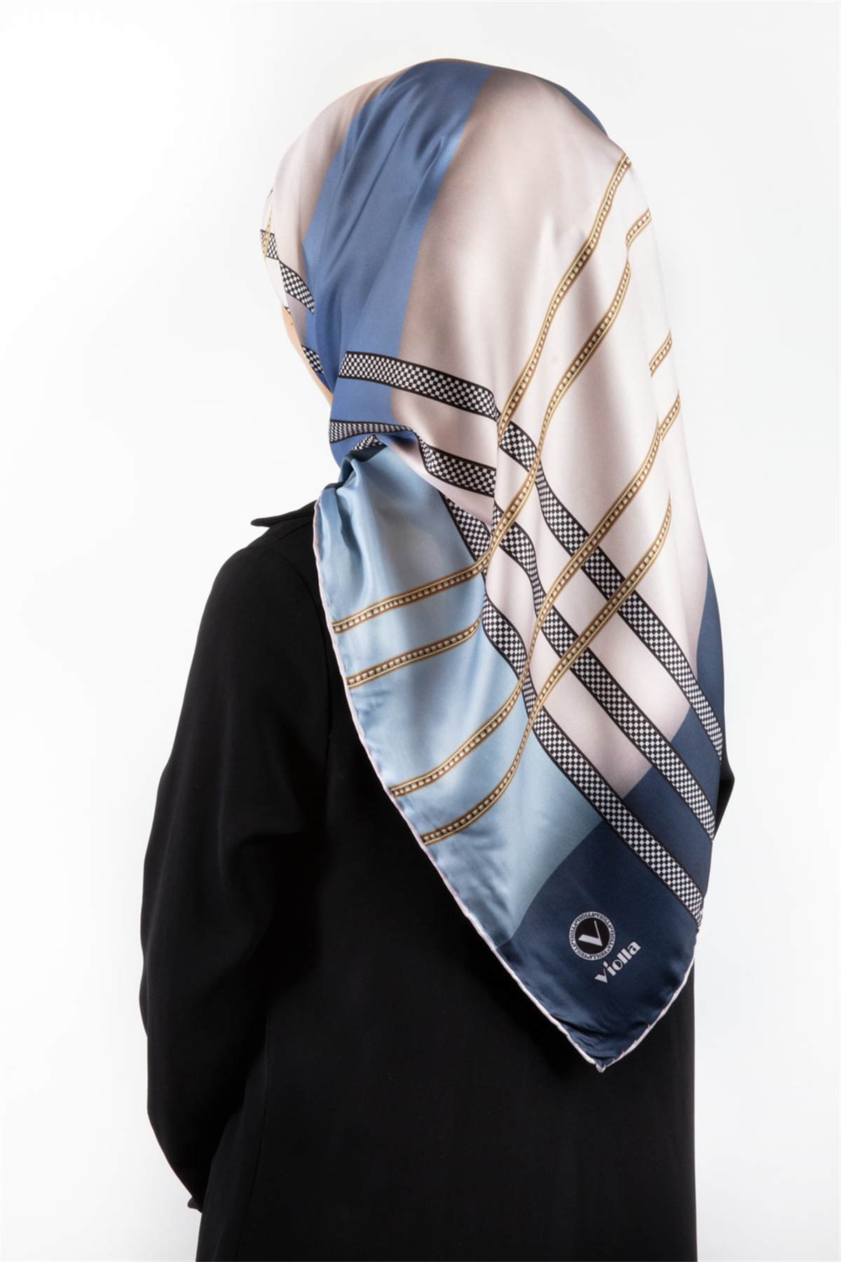 Twill Geometrik Desenli Bebe Mavisi Renkli 90x90 Eşarp (İpek İçermez) Kenar Dikiş Şekli El Dikişli