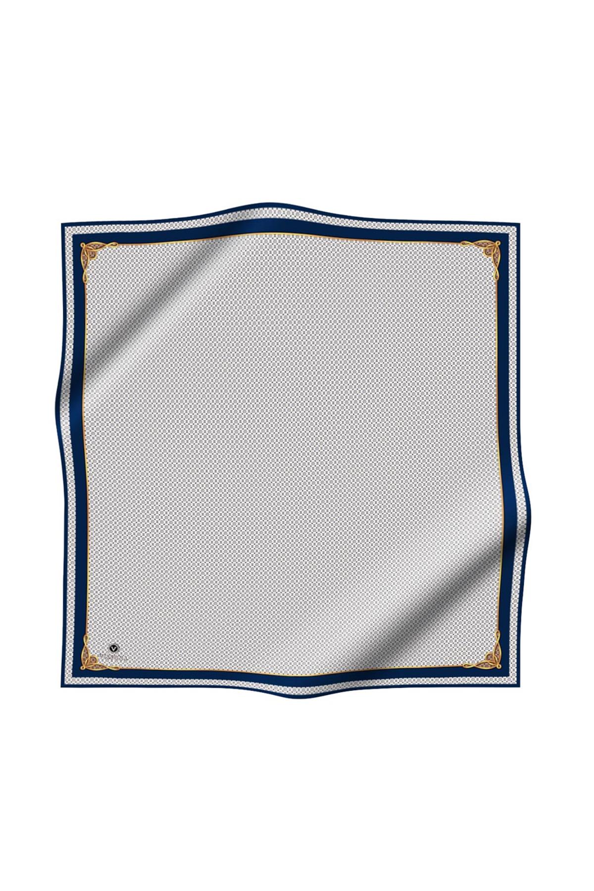 %100 Twill İpek Minik Motif Desenli Krem - Lacivert Renkli 90x90 Eşarp Dikim Şekli : El Dikişi