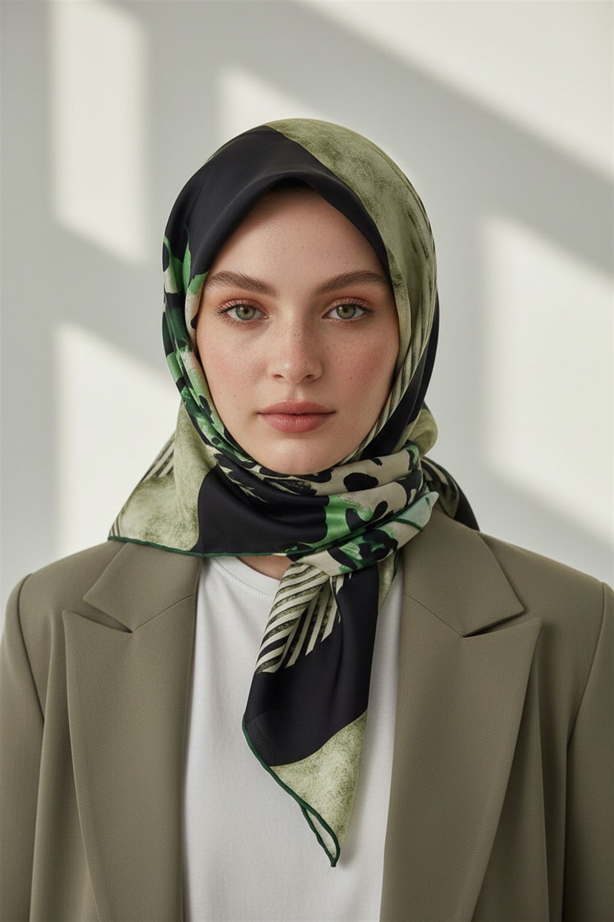 %100 Twill İpek Leopar Ve Geometrik Desenli Zümrüt Yeşili - Haki Renkli 90x90 Eşarp Dikim Şekli : El Dikişi