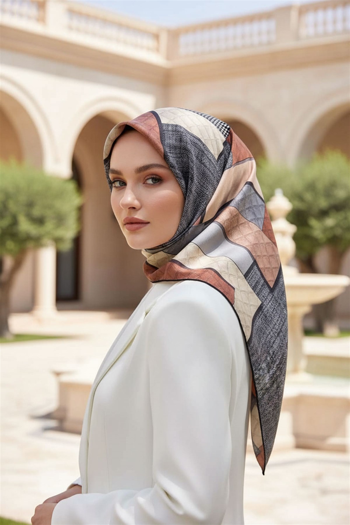 %100 Twill İpek Kazayaklı Ve Geometrik Desenli Gri - Bakır Renkli 90x90 Eşarp Dikim Şekli : El Dikişi