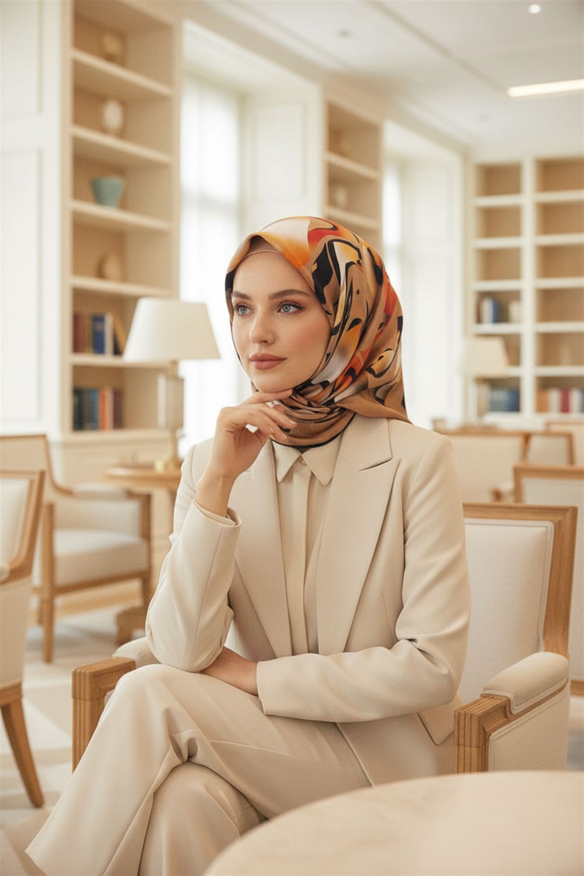 %100 Twill İpek Geometrik Desenli Taba - Bej Renkli 90x90 Eşarp Dikim Şekli : El Dikişi