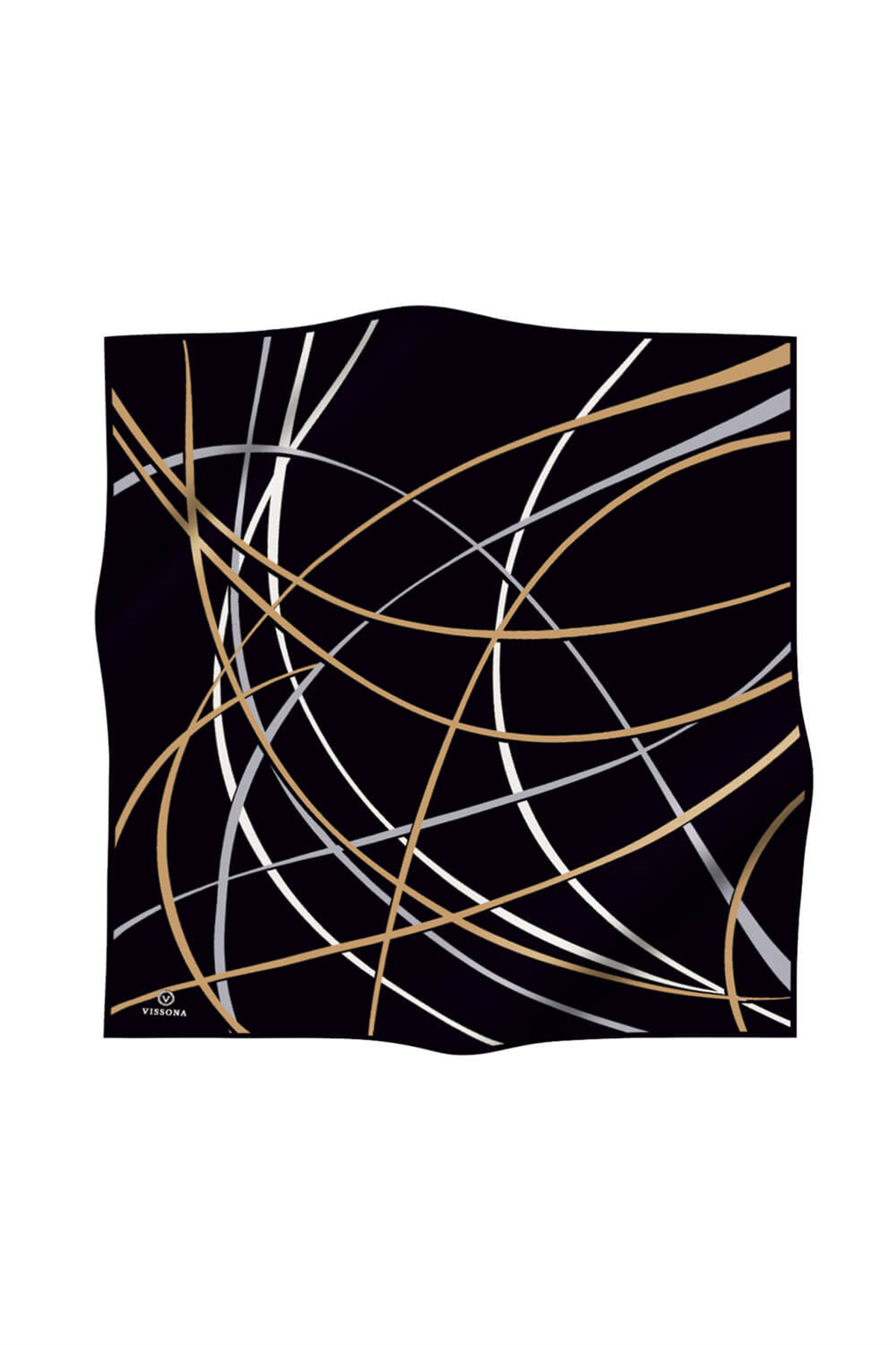 %57 İPEK %43 VİSKON Twill İpek Çizgili Desenli Siyah - Gold Renkli 90x90 Eşarp Dikim Şekli : El Dikişi