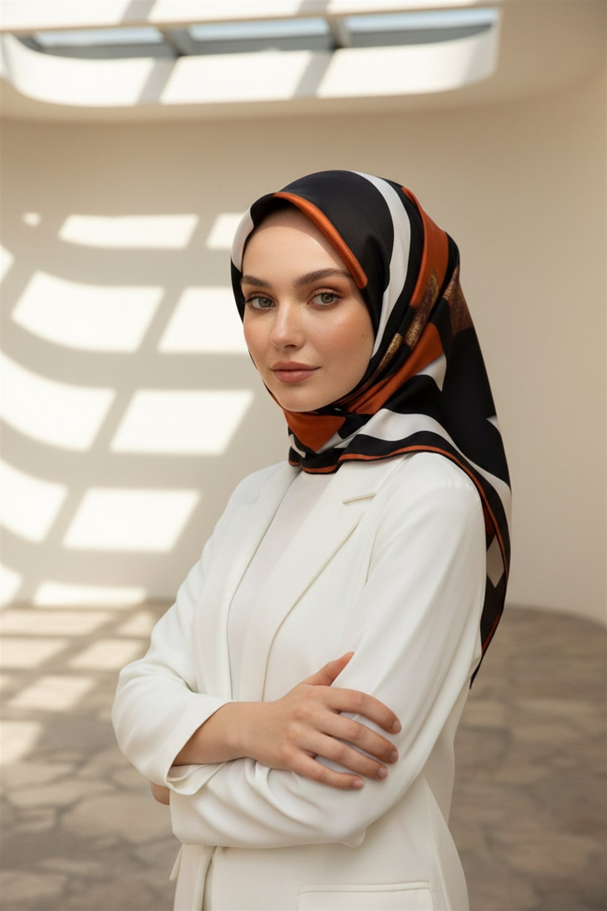 %100 Twill İpek Karo Desenli Siyah - Taba Renkli 90x90 Eşarp Dikim Şekli : El Dikişi