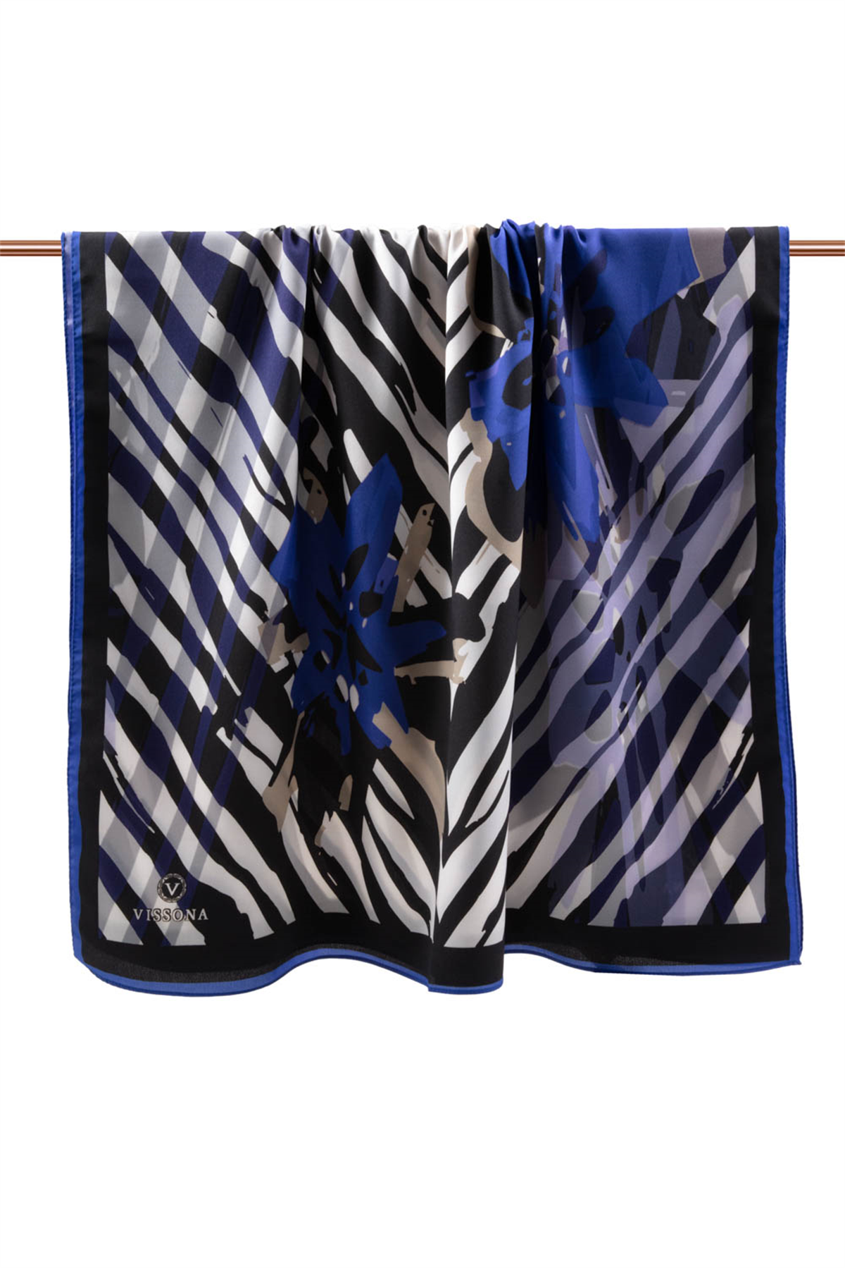 LÜKS MEDİNE İPEĞİ ZEBRA VE ÇİÇEK DESENLİ SAKS RENKLİ 75X195 KIRIŞMAZ ŞAL MOSS KREP DİKİŞ TİPİ İTALYAN DİKİŞLİ