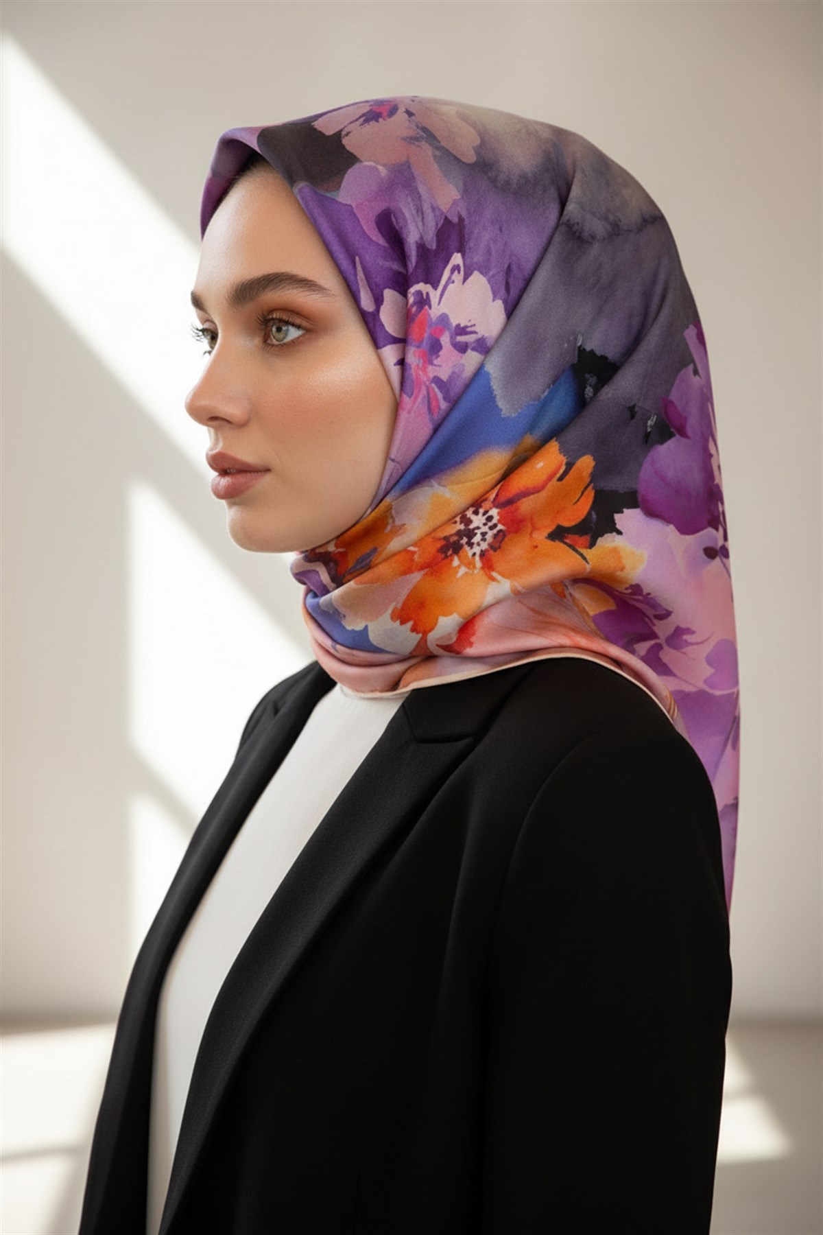 %100 Twill İpek Çiçek  Desenli Krem - Turuncu Renkli 90x90 Eşarp Dikim Şekli : El Dikişi