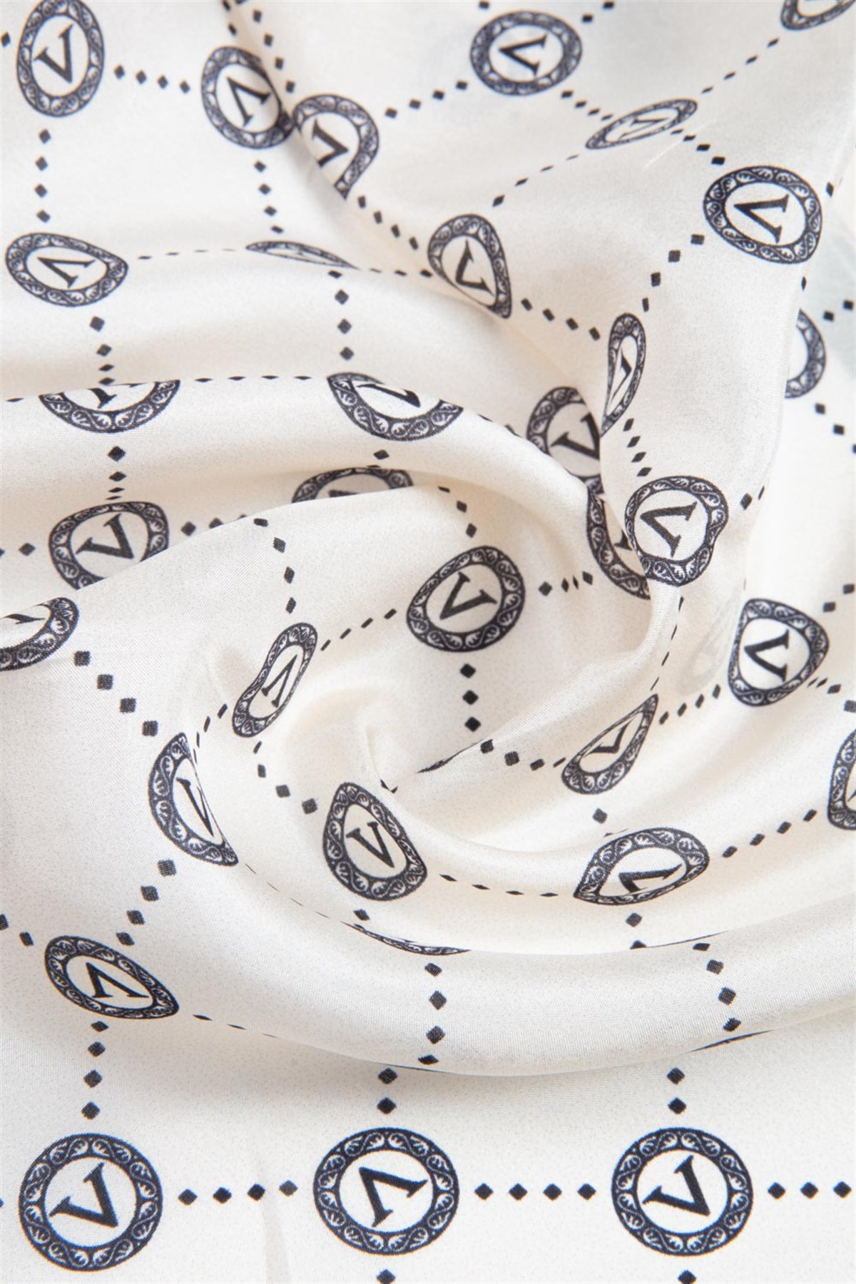 % 100 İpek V Logo Desenli Krem - Siyah Renkli 90x210 Şal