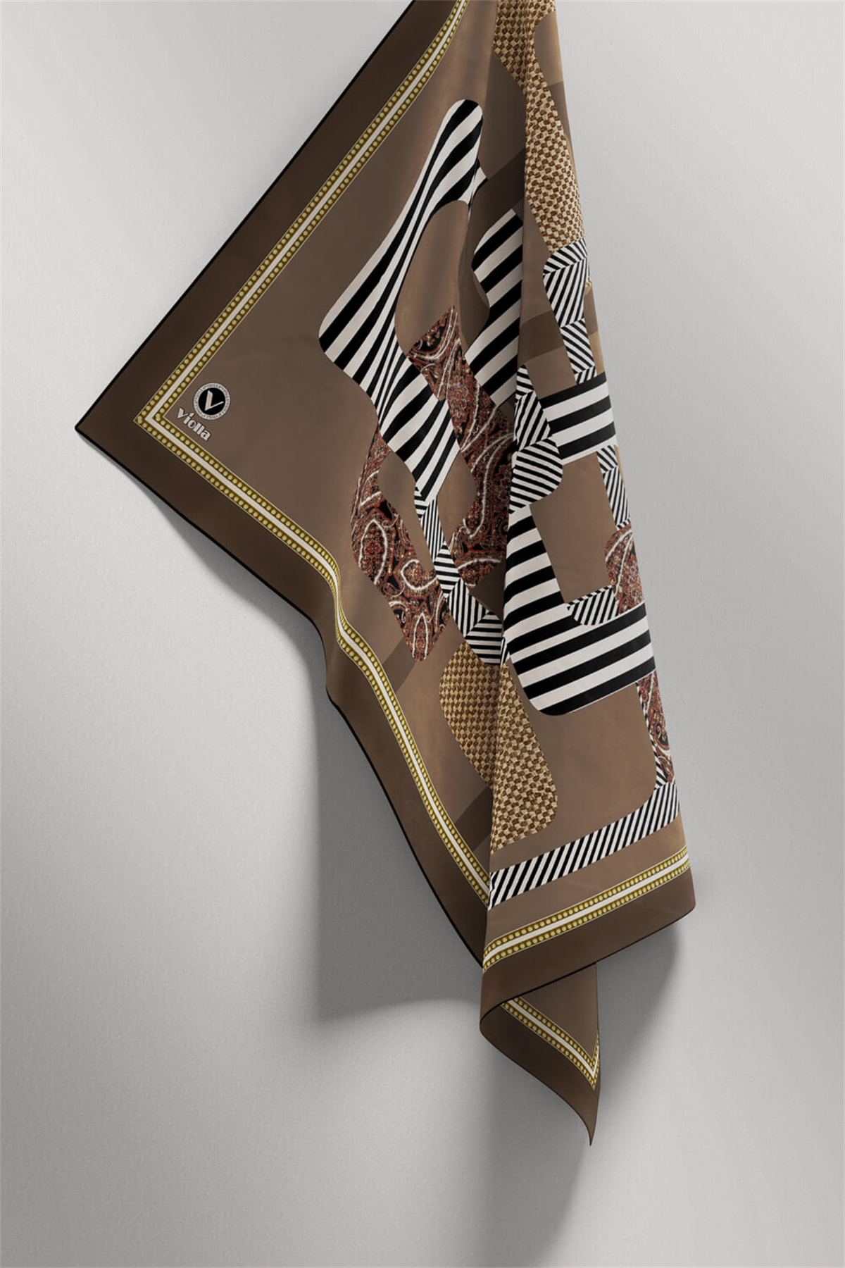 Twill Geometrik Desenli Bej Renkli 90x90 Eşarp (İpek İçermez) Kenar Dikiş Şekli El Dikişli