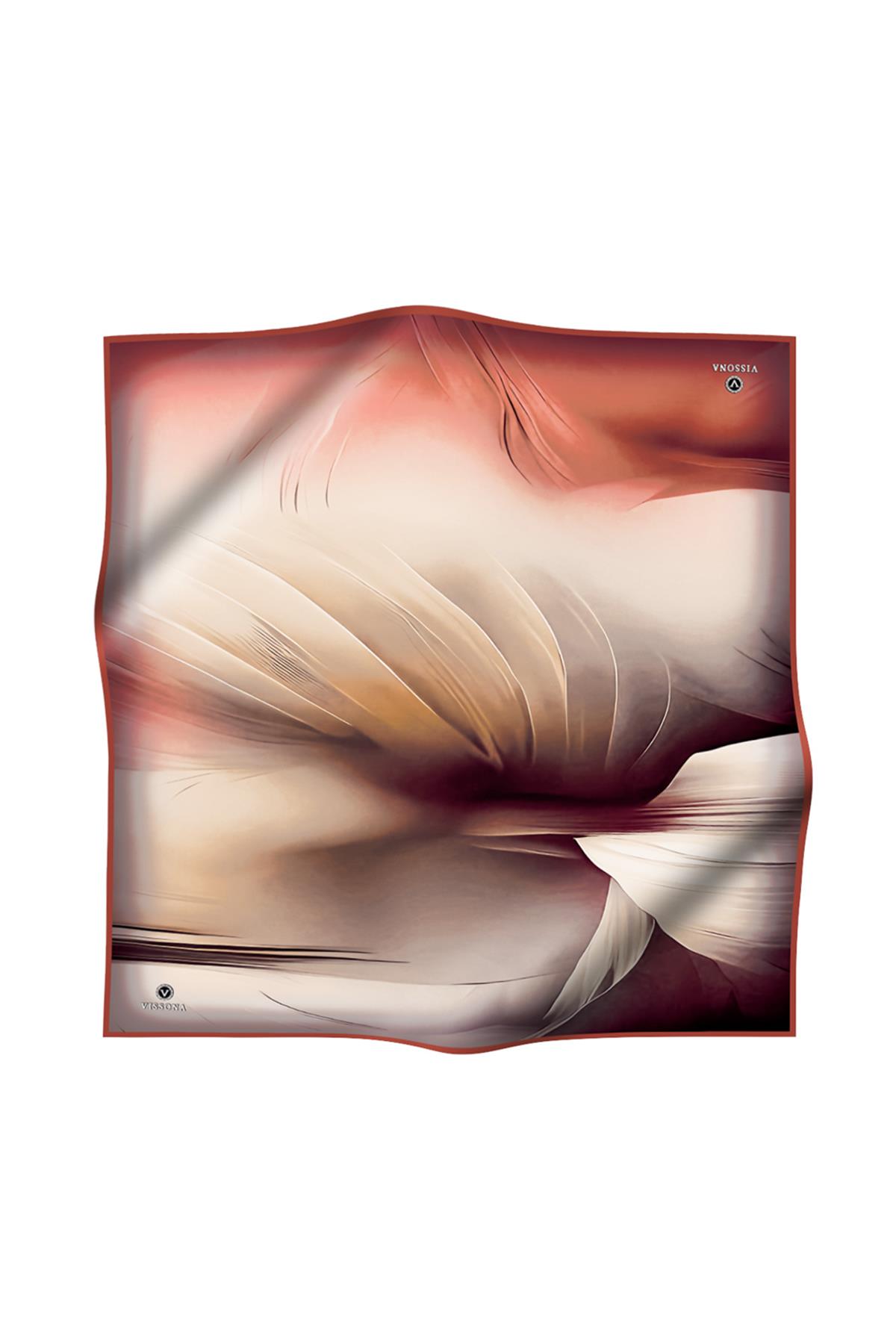 %100 Twill İpek Duman Desenli Hardal - Taba Renkli 90x90 Eşarp Dikim Şekli : El Dikişi